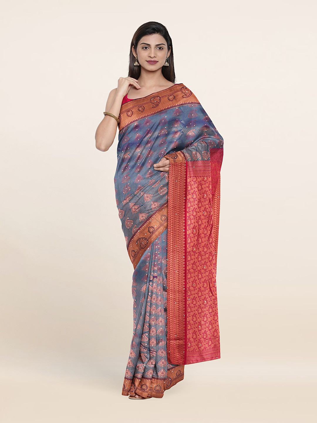 

Pothys Blue & Pink Paisley Beads and Stones Pure Silk Saree