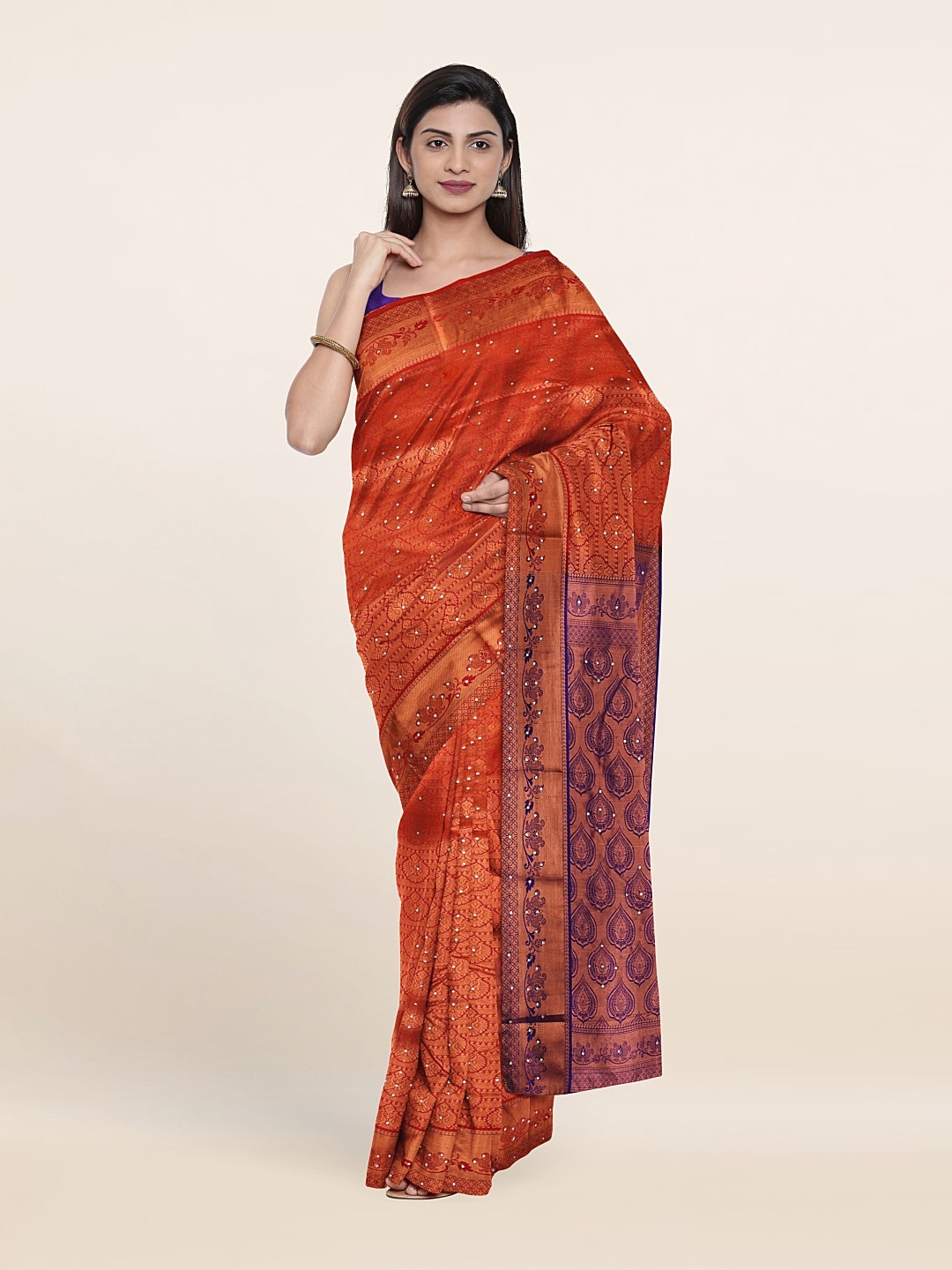 

Pothys Red & Purple Ethnic Motifs Beads and Stones Pure Silk Saree