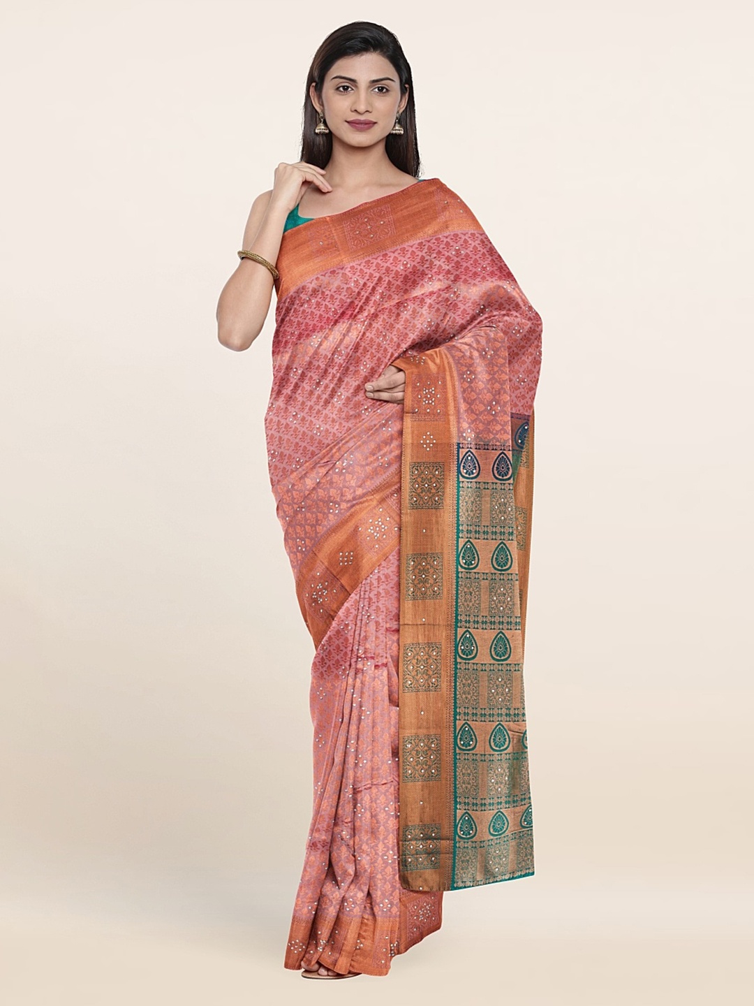 

Pothys Mauve & Green Ethnic Motifs Beads and Stones Pure Silk Saree