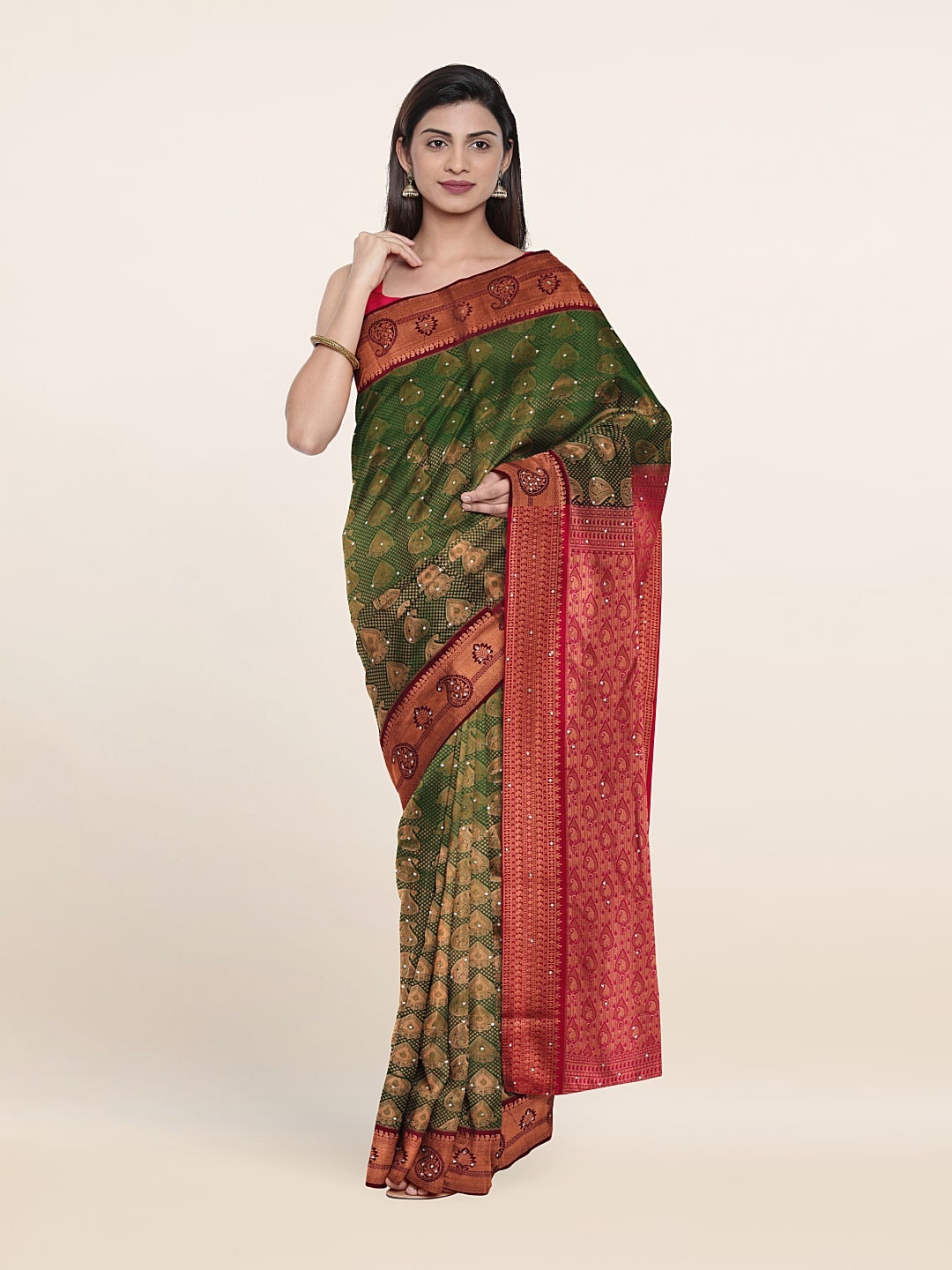 

Pothys Green & Copper-Toned Paisley Zari Pure Silk Saree
