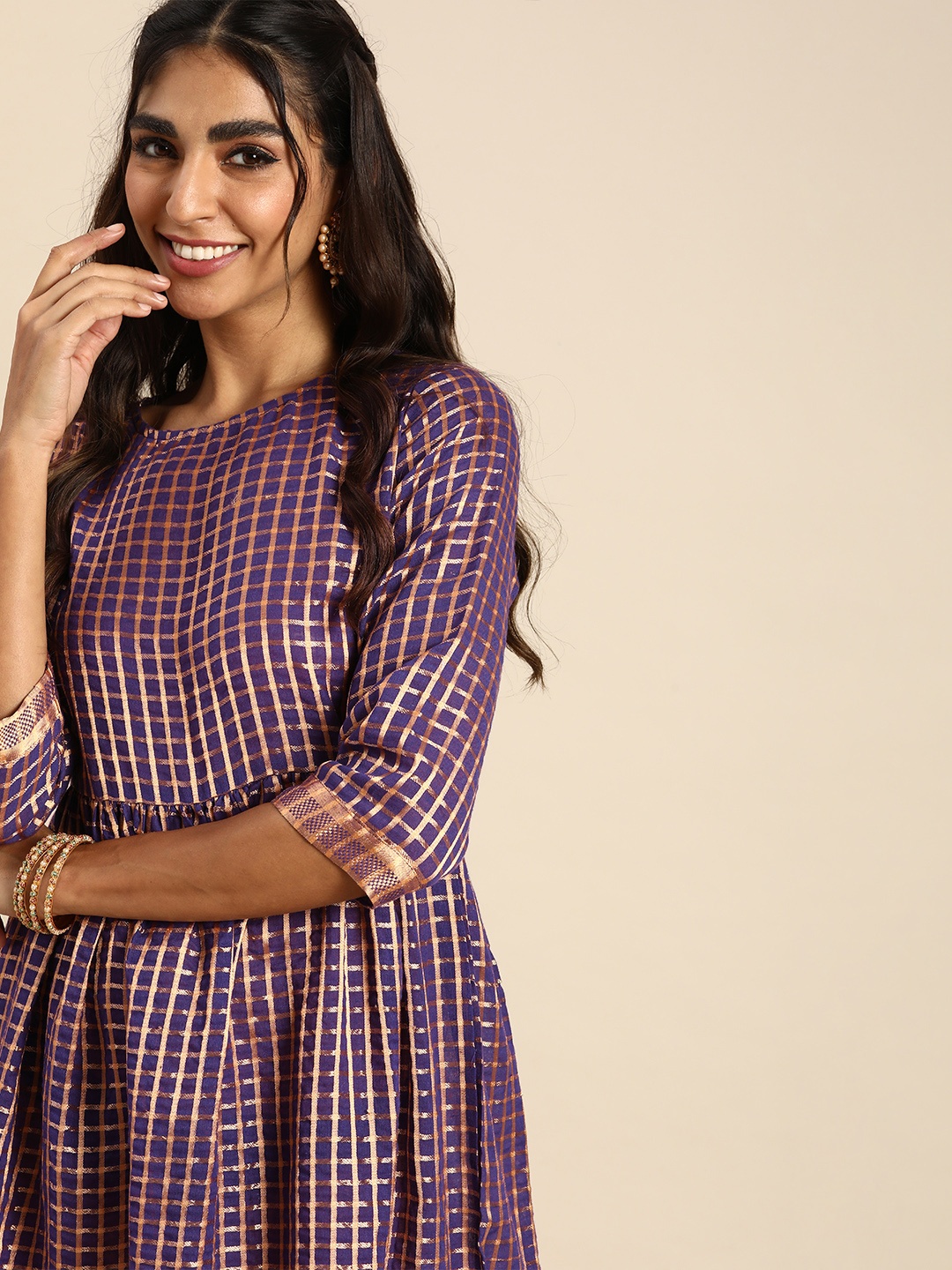 

Sangria Women Violet & Golden Checked Pure Cotton Ethnic Dress