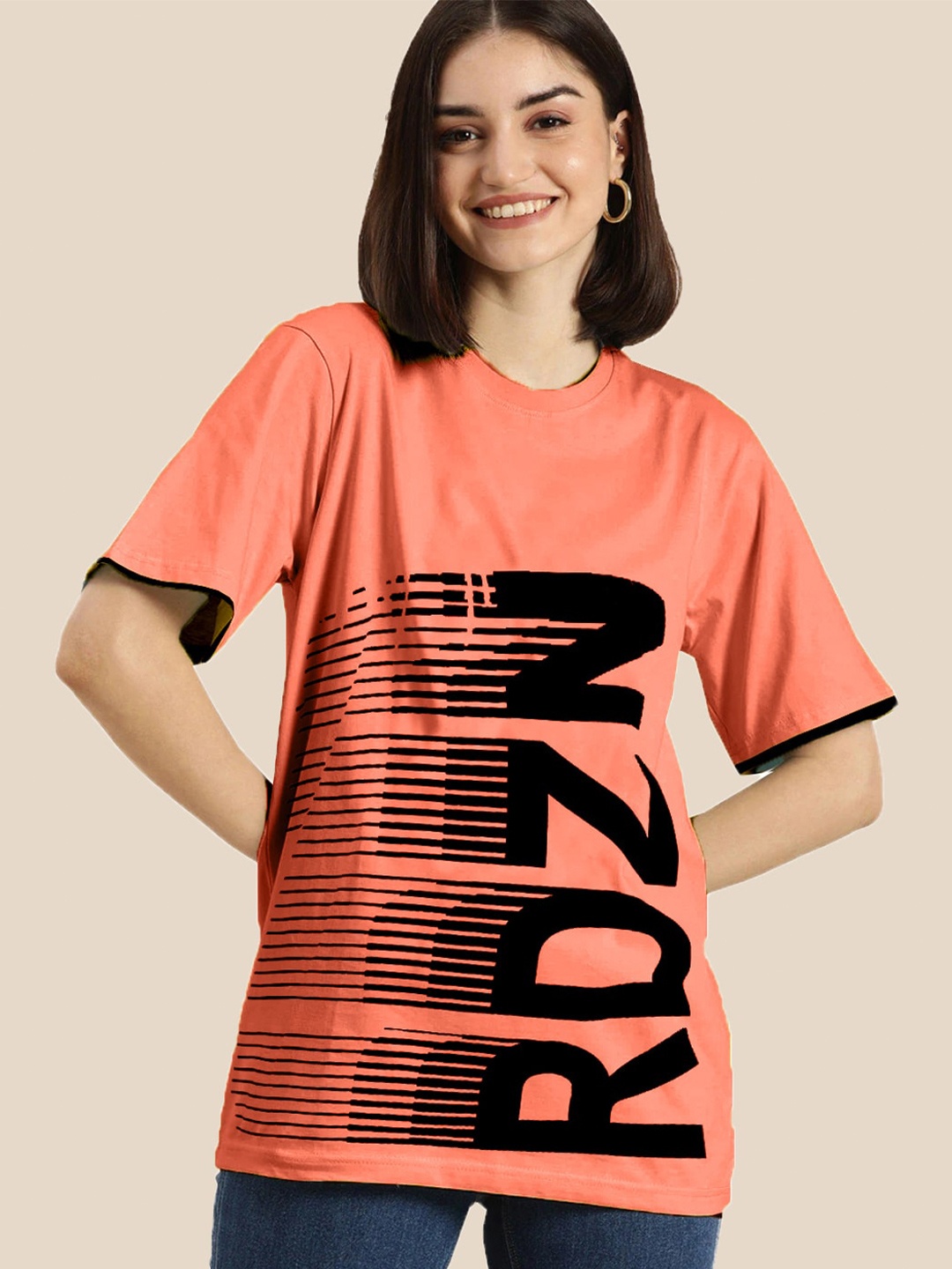 

Rodzen Women Peach-Coloured Printed Oversized T-shirt