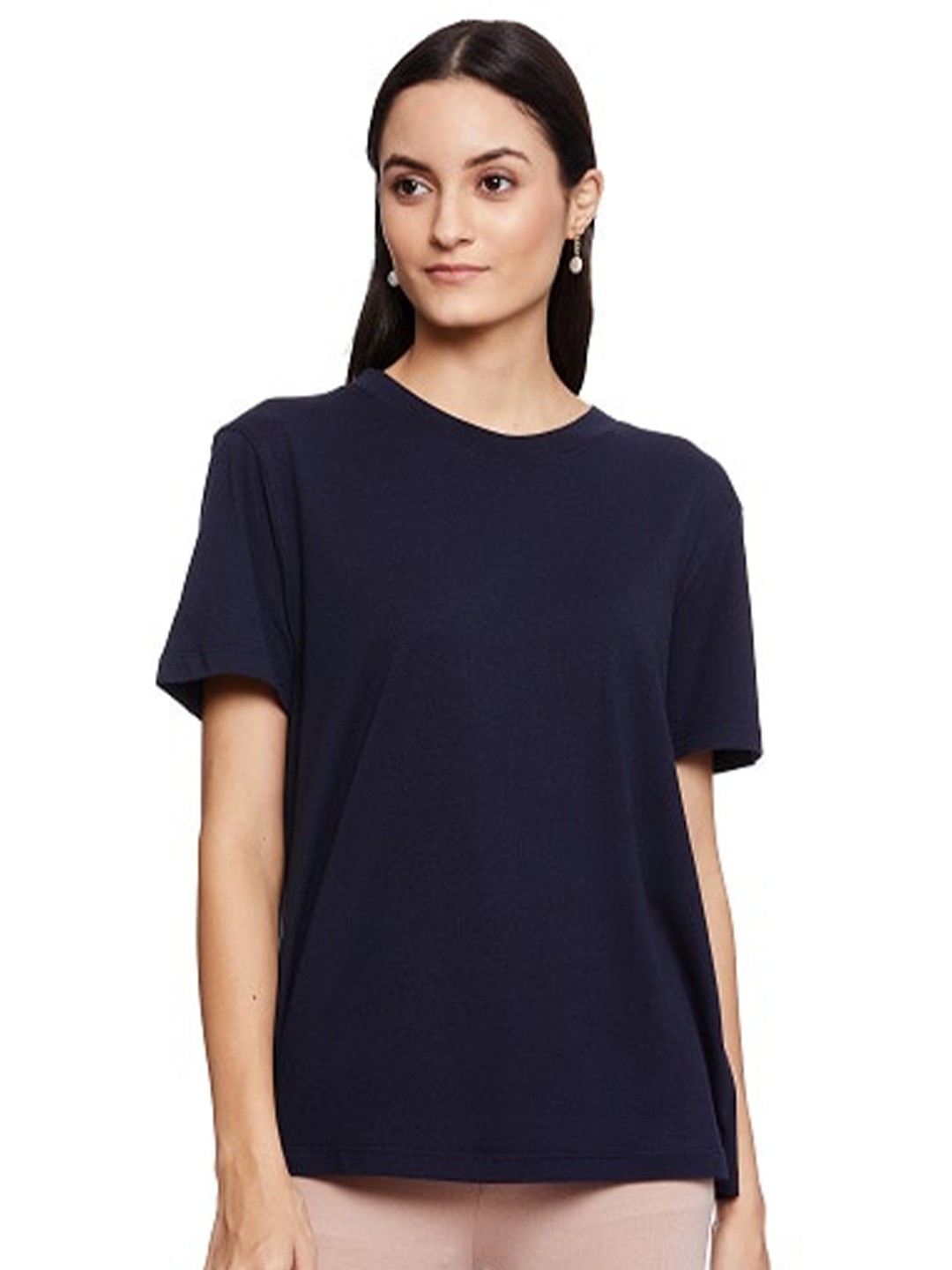 

UNMADE Women Polo Collar Extended Sleeves Loose T-shirt, Navy blue