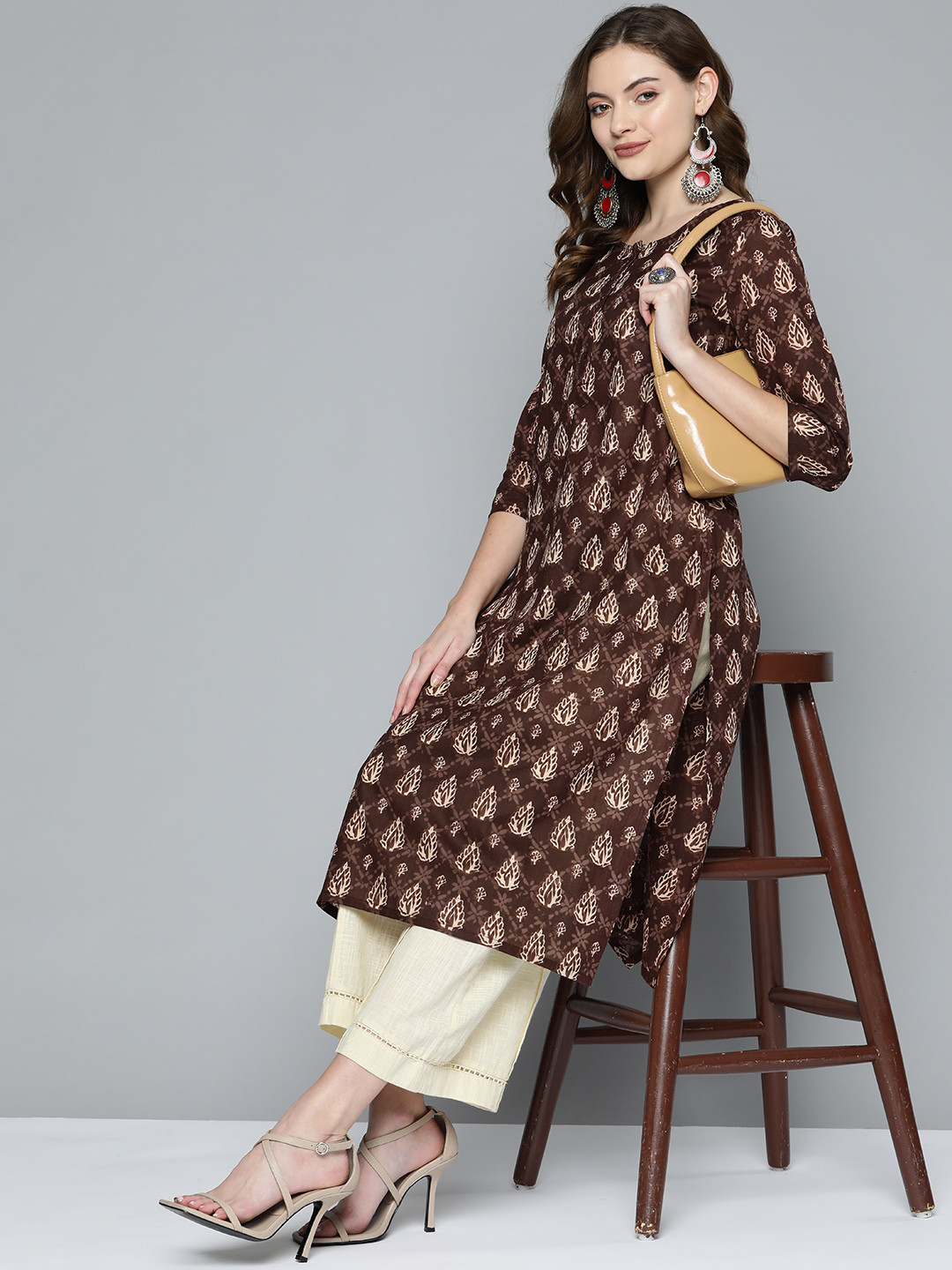 

HERE&NOW Women Ethnic Motifs Printed Cotton Kurta, Brown
