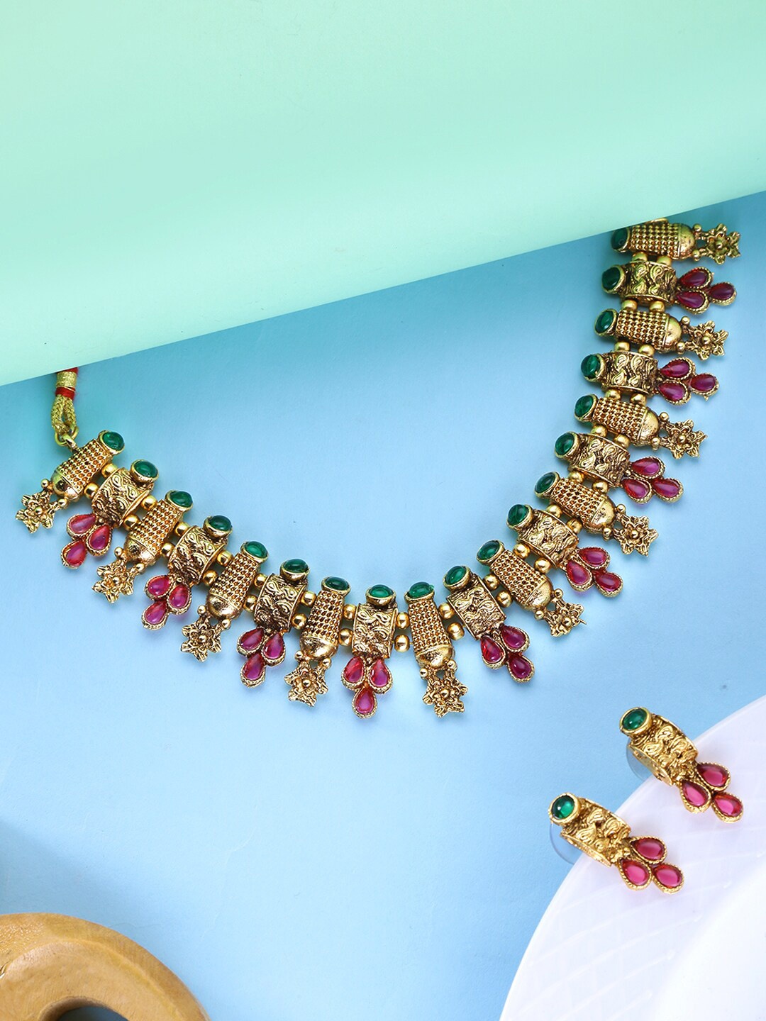 

Yellow Chimes Gold Toned & Pink Stone Studded Choker Necklace