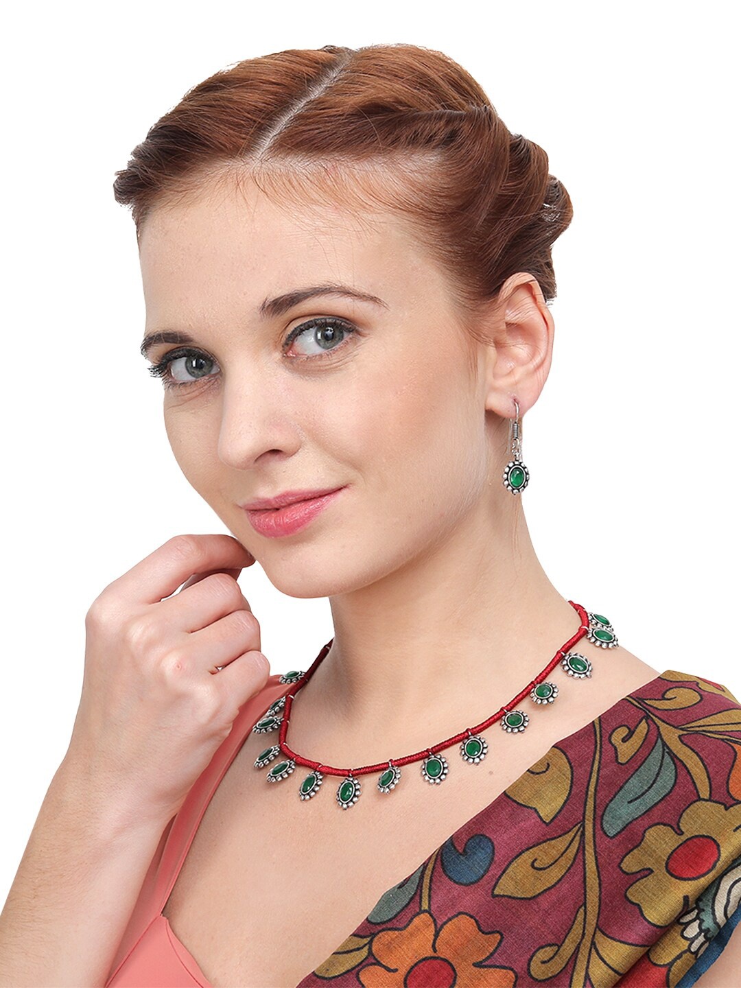 

Yellow Chimes Oxidized Handmade Dori Work Tribal Choker Jewellery Set, Red