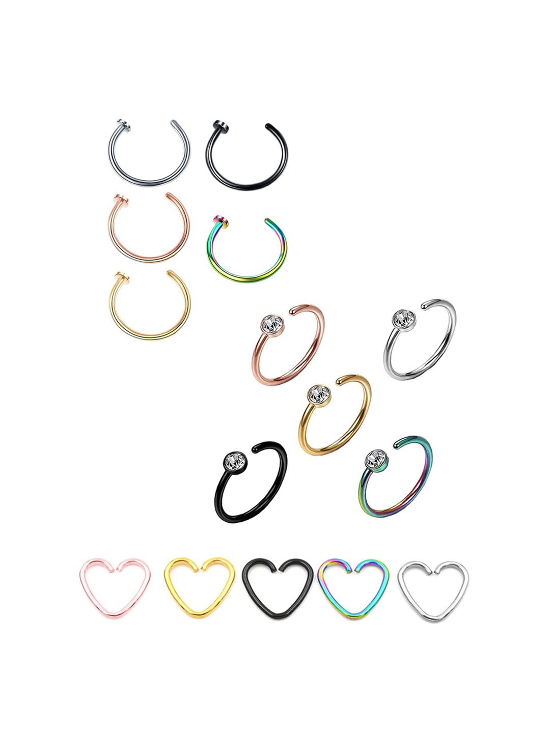 

Yellow Chimes Set of 15 Non-Piercing Stainless Steel Nose Rings, Multi