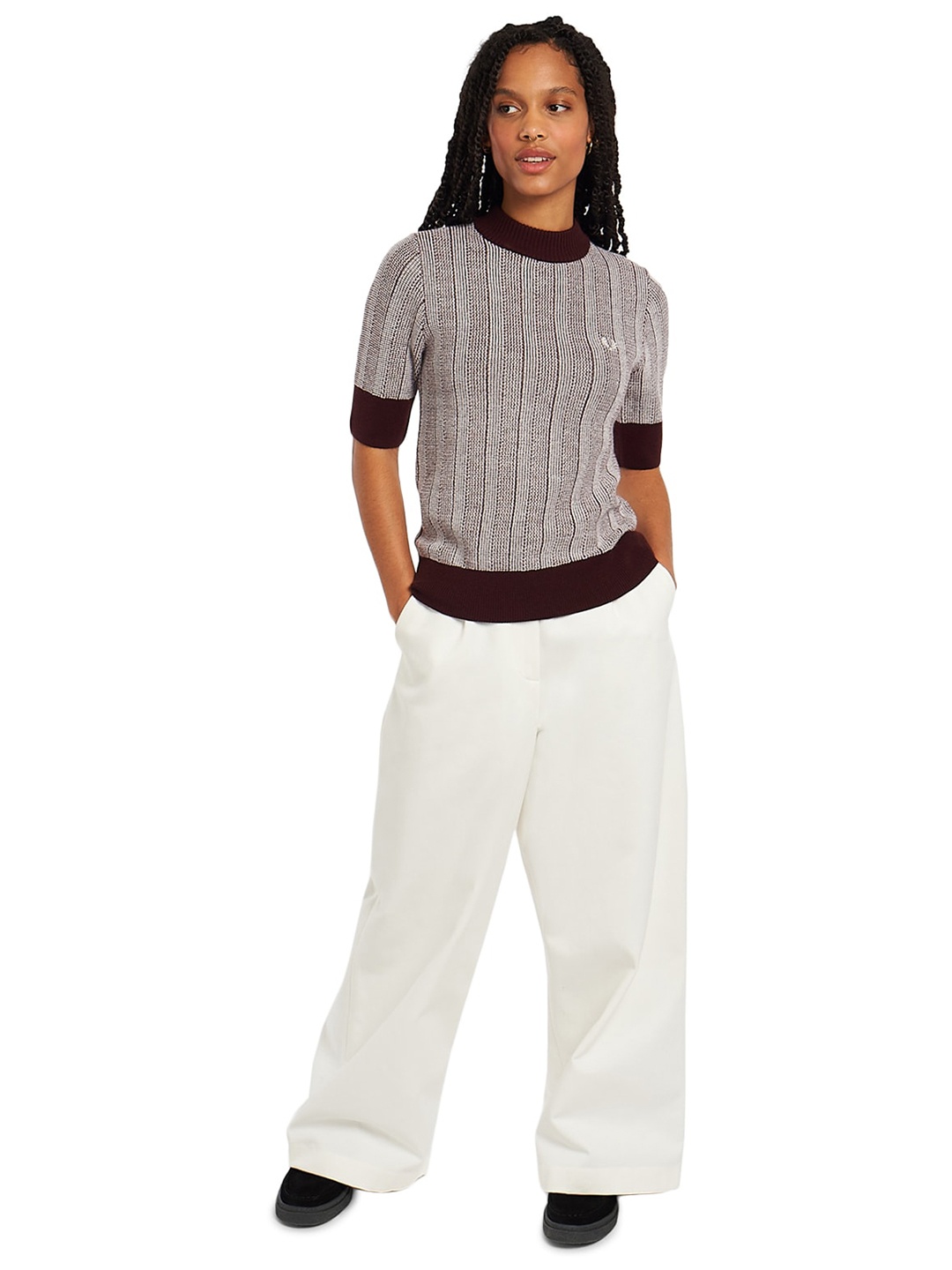 

Fred Perry Women Grey & Brown Cable Knit Pullover