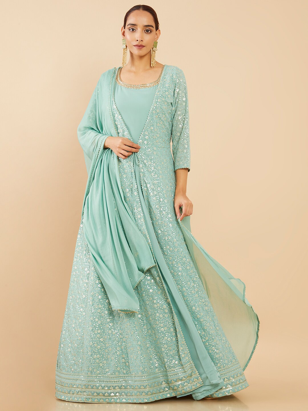 

Soch Green Floral Embroidered Georgette Ethnic Maxi Dress