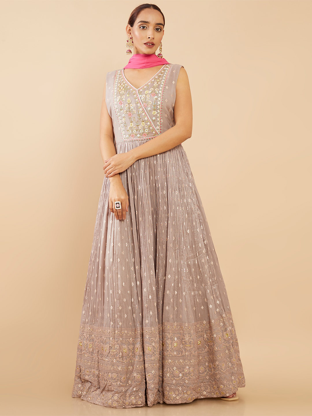 

Soch Floral Embroidered Sequinned Silk Anarkali Kurta with Salwar & With Dupatta, Purple