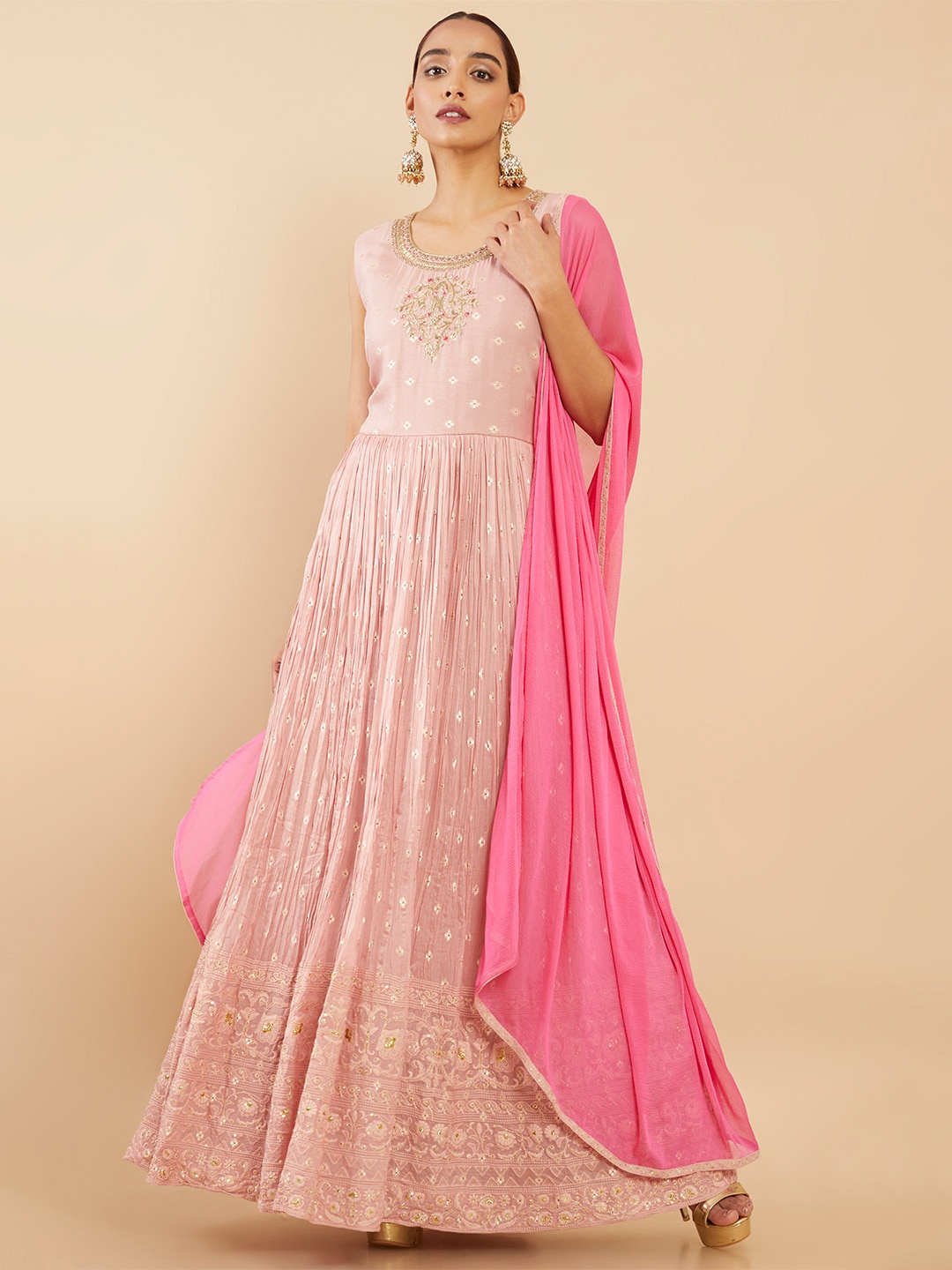 

Soch Pink Embellished Georgette Ethnic Maxi Dress With Pant & Dupatta