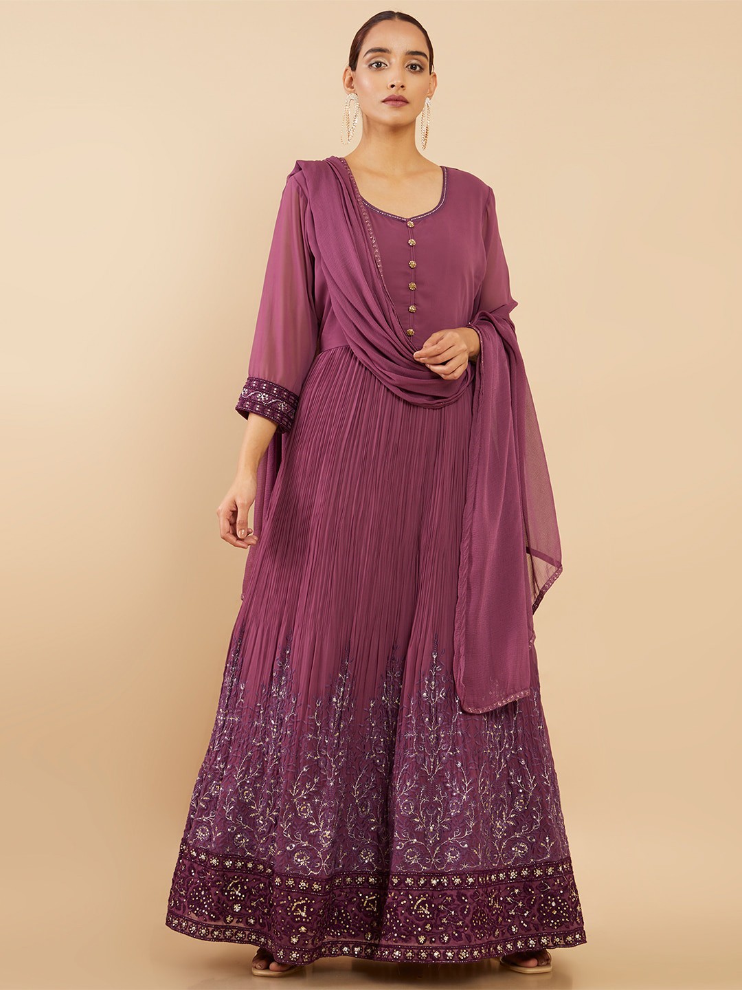 

Soch Magenta Georgette Ethnic Maxi Dress With Pant & Dupatta