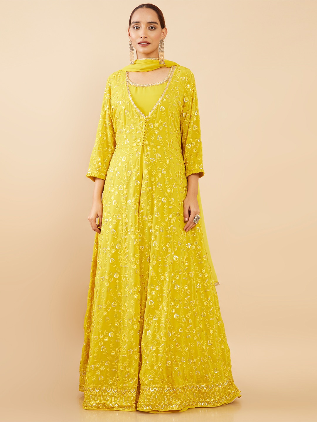 

Soch Yellow Floral Embroidered Georgette Ethnic Maxi Dress With Pant & Dupatta