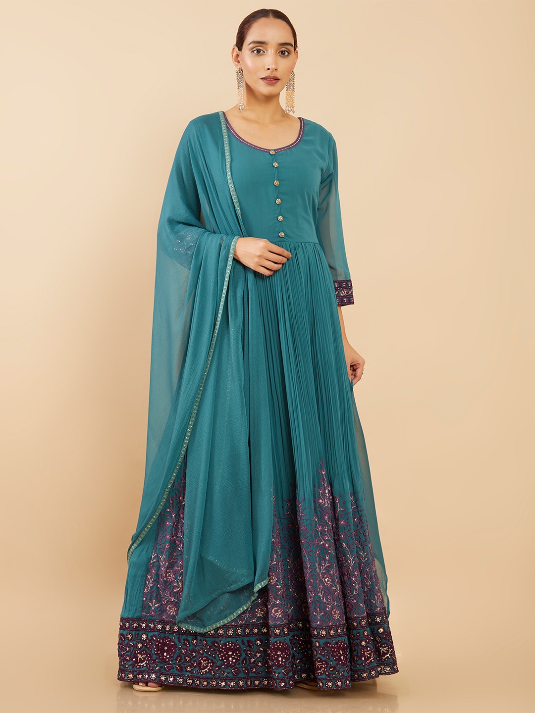 

Soch Floral Embroidered Sequinned Georgette Anarkali Kurta with Salwar & With Dupatta, Teal