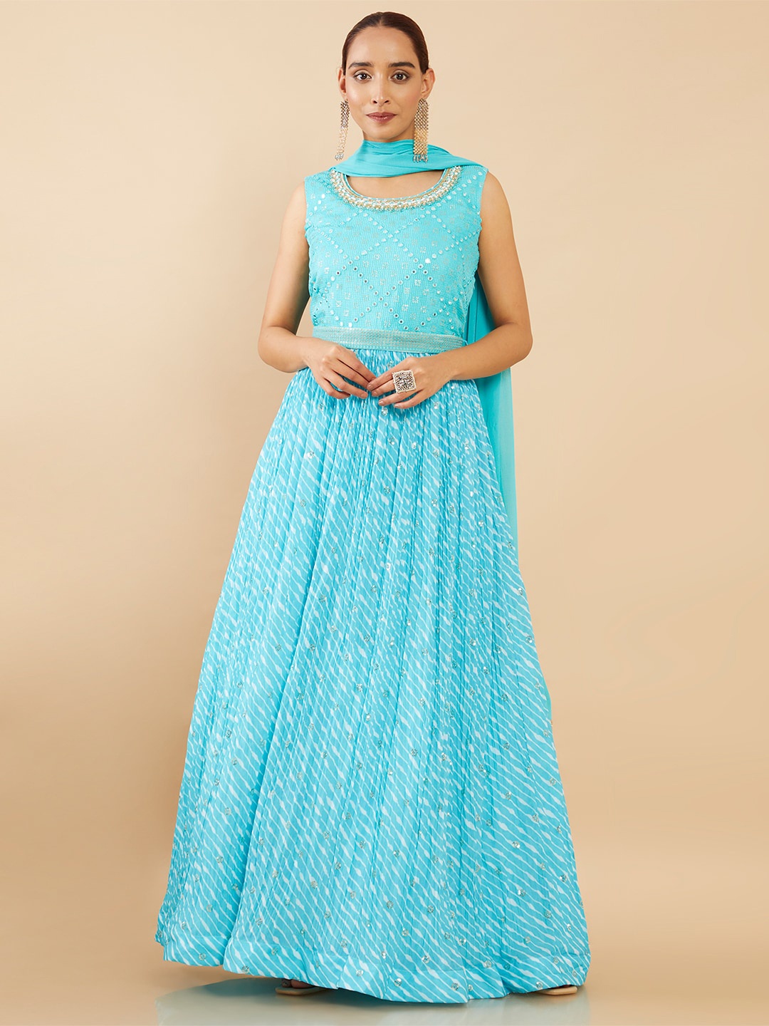 

Soch Leheriya Print Sleeveless Mirror Work Georgette Anarkali Kurta with Salwar & Dupatta, Turquoise blue