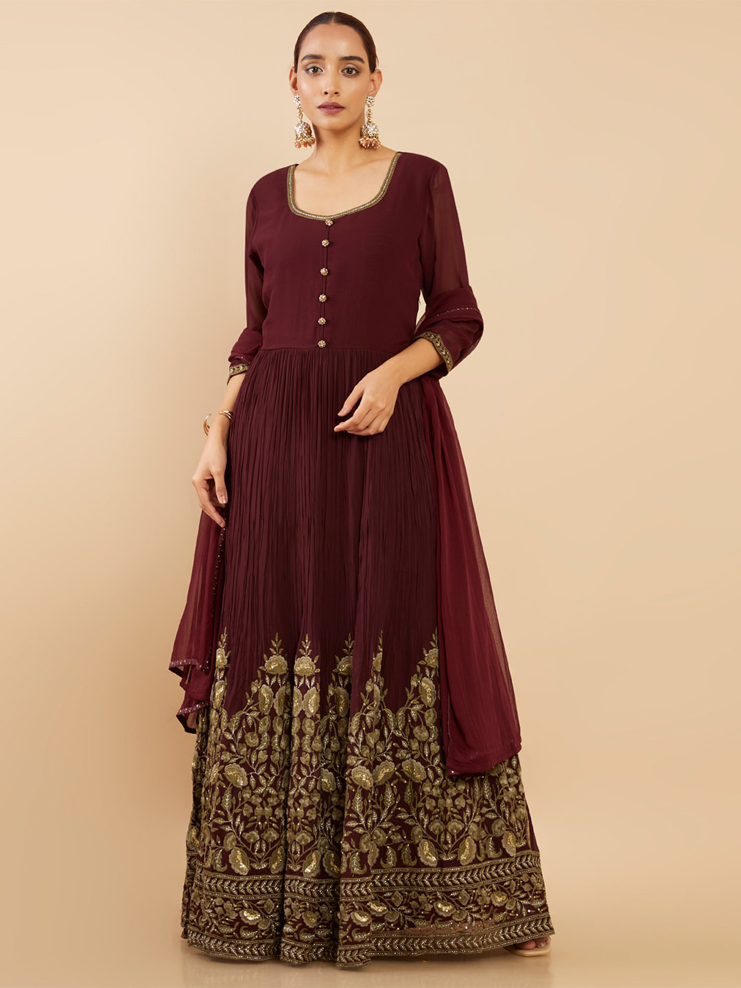 

Soch Maroon Embellished Georgette Ethnic Maxi Dress With Pant & Dupatta
