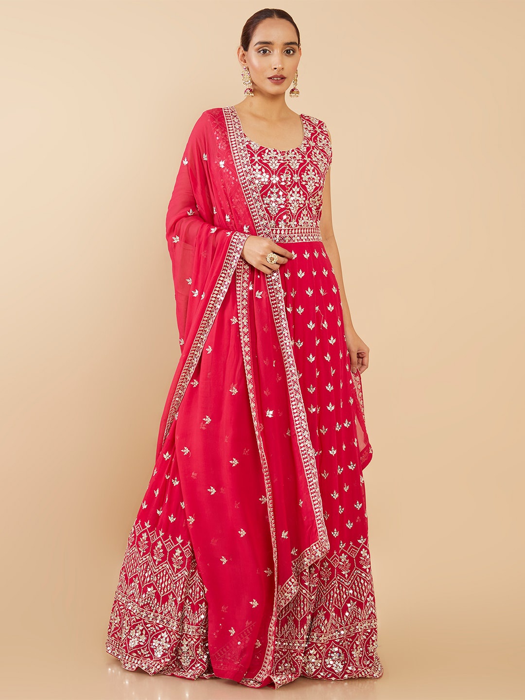 

Soch Fuchsia Floral Georgette Ethnic Maxi Dress With Pant & Dupatta