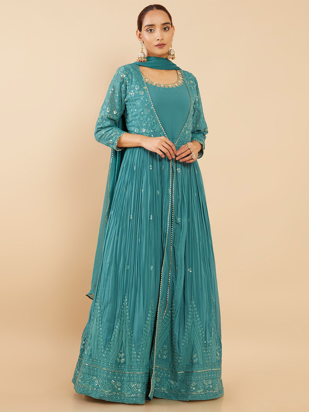 

Soch Green Embellished Georgette Ethnic Maxi Dress With Pant & Dupatta