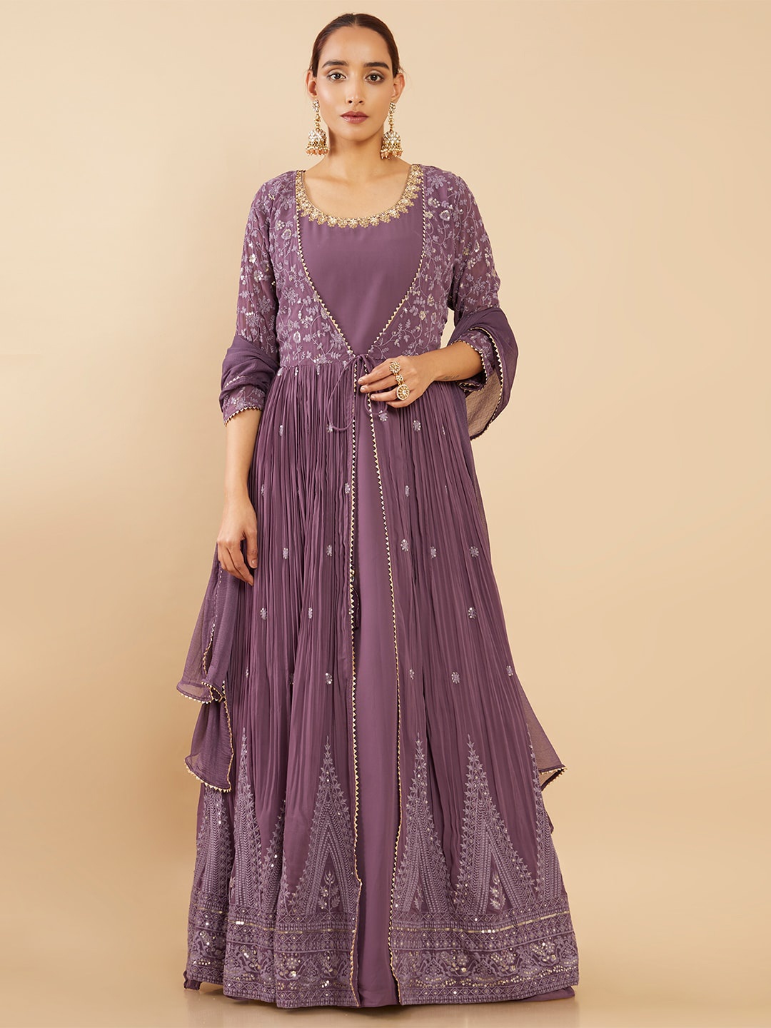 

Soch Women Purple Layered Embellished Kurta Sets With Trousers & With Dupatta