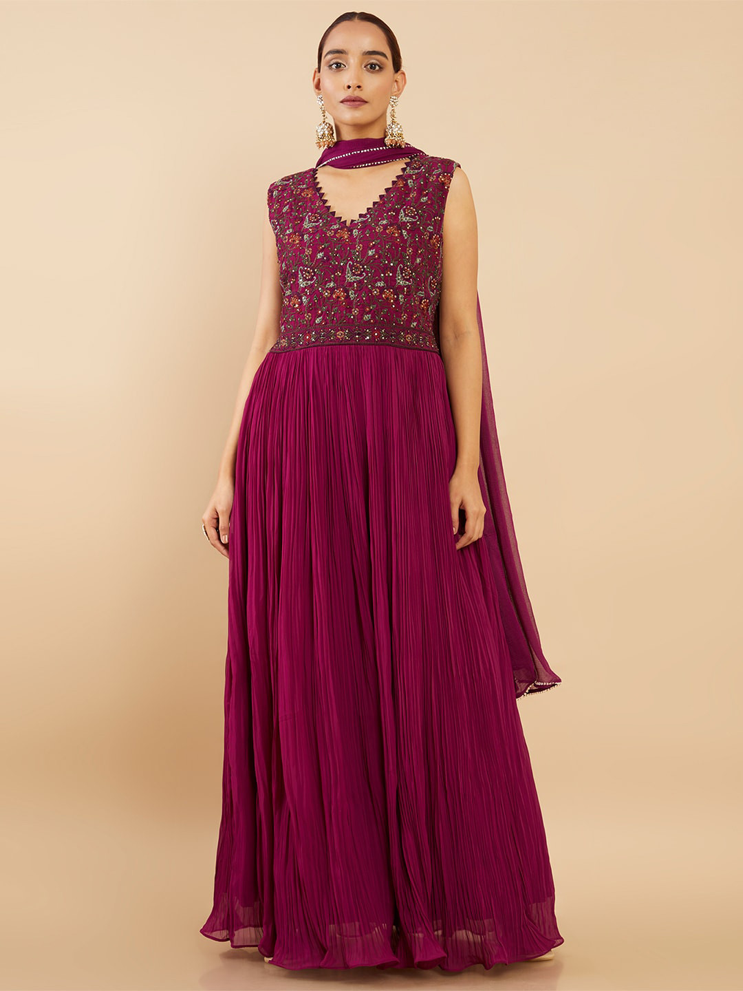 

Soch Women Maroon Floral Printed Kurta Sets With Trousers & Dupatta