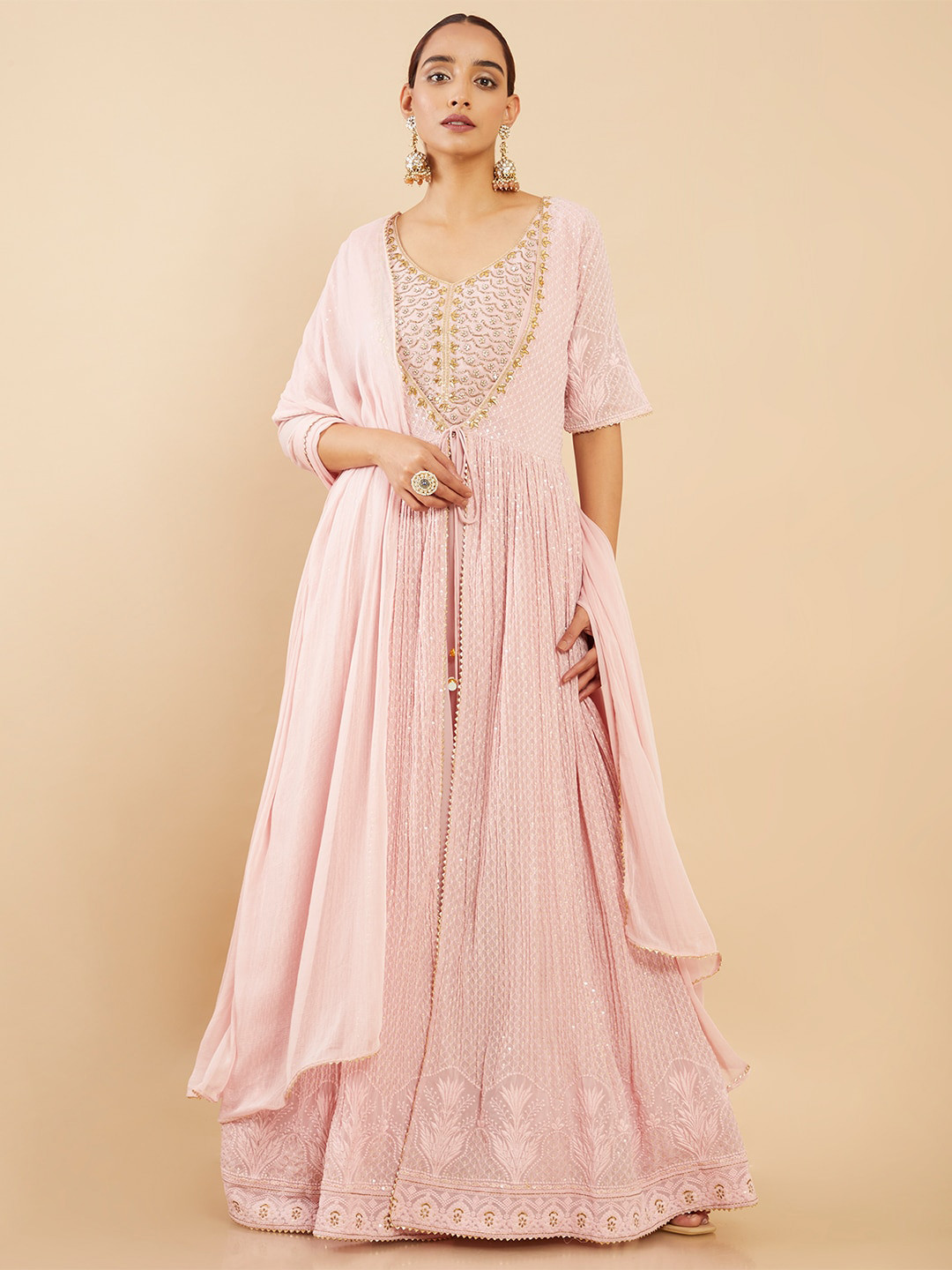 

Soch Women Pink & Gold-Toned Georgette Ethnic Maxi Dress With Dupatta