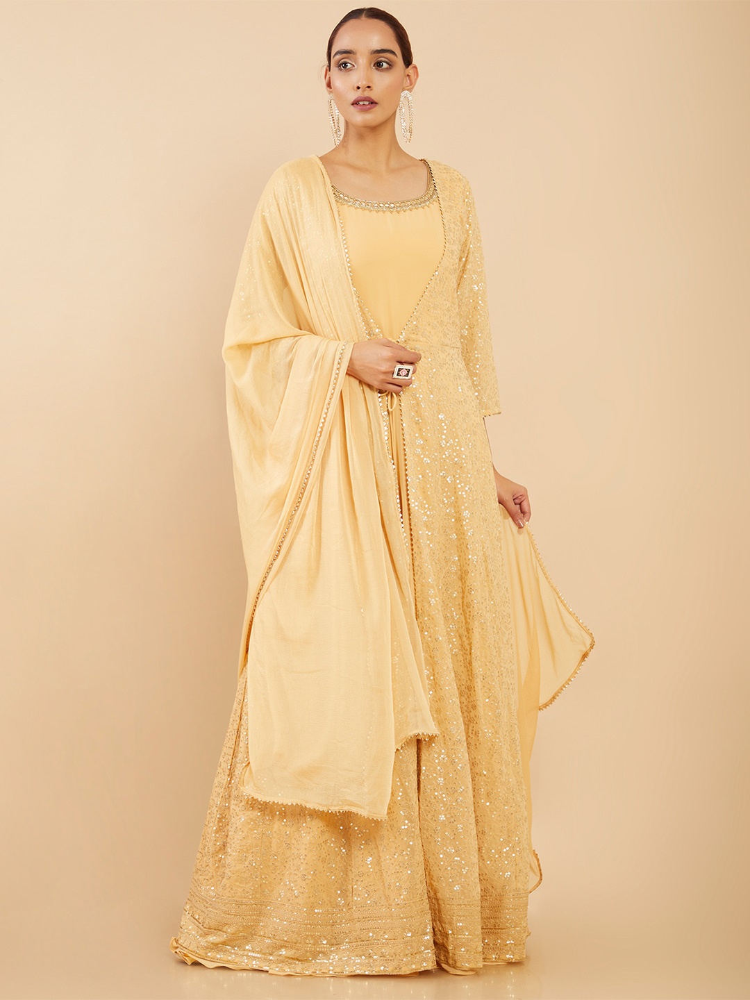 

Soch Embroidered Sequined Georgette Kurta With Trousers & Dupatta, Yellow
