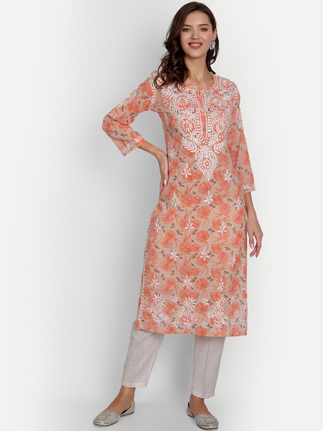 

Indiankala4u Women Orange Floral Printed Thread Work Chikankari Kurta