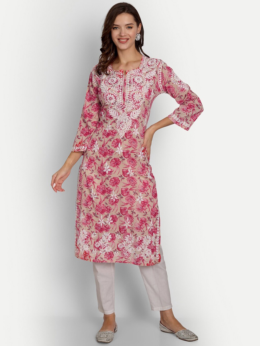 

Indiankala4u Women Pink Floral Printed Chikankari Kurta