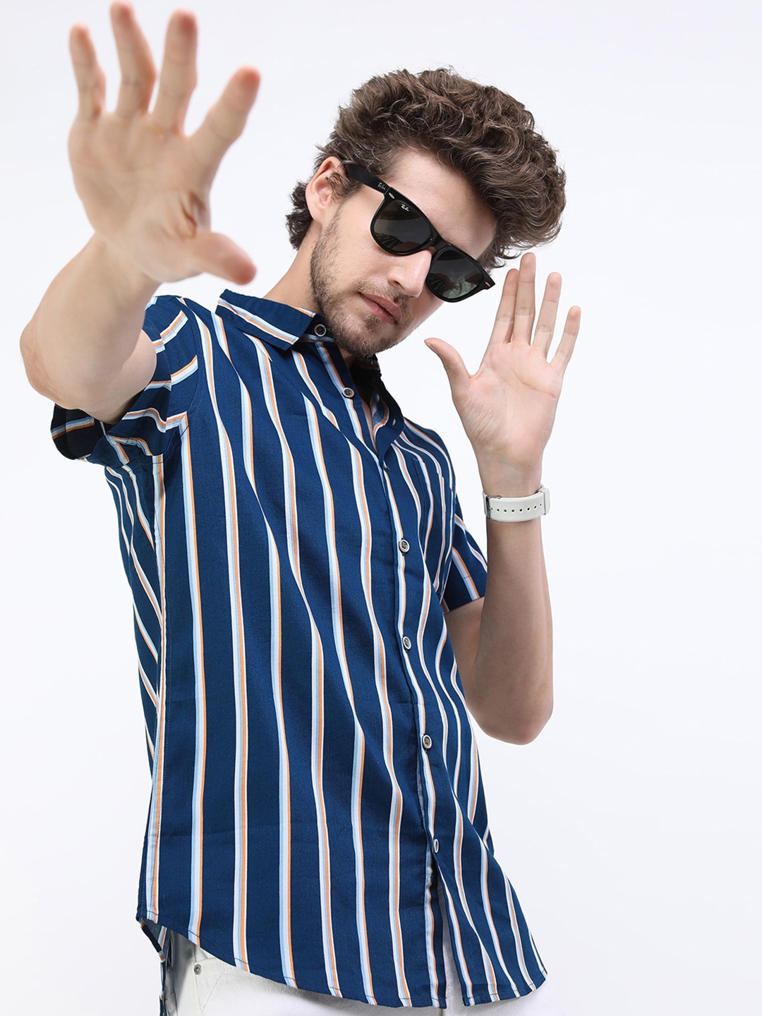 

HIGHLANDER Men Teal Slim Fit Striped Casual Shirt