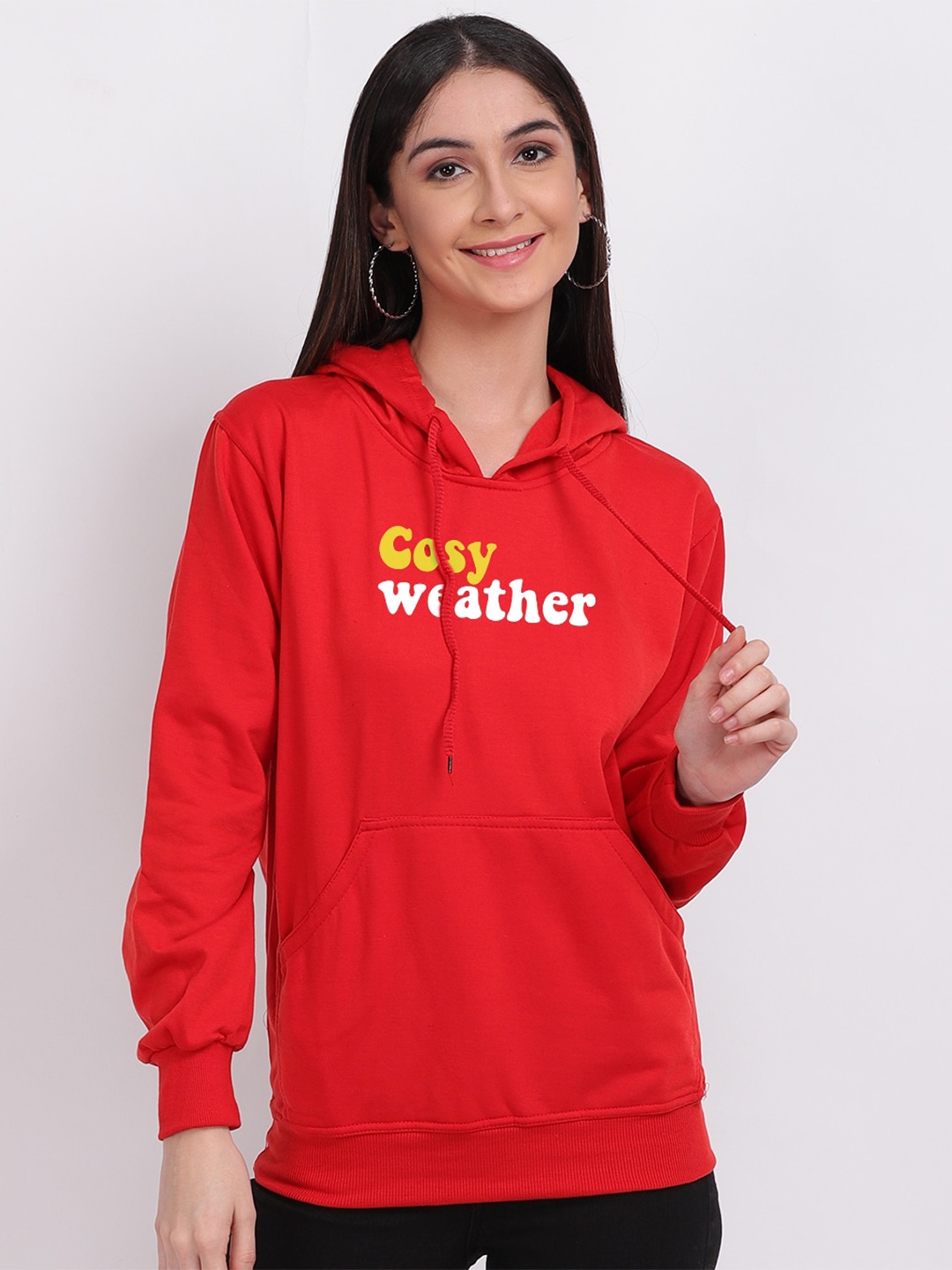 

Mad Over Print Women Red Cosy Weather Printed Hooded Sweatshirt