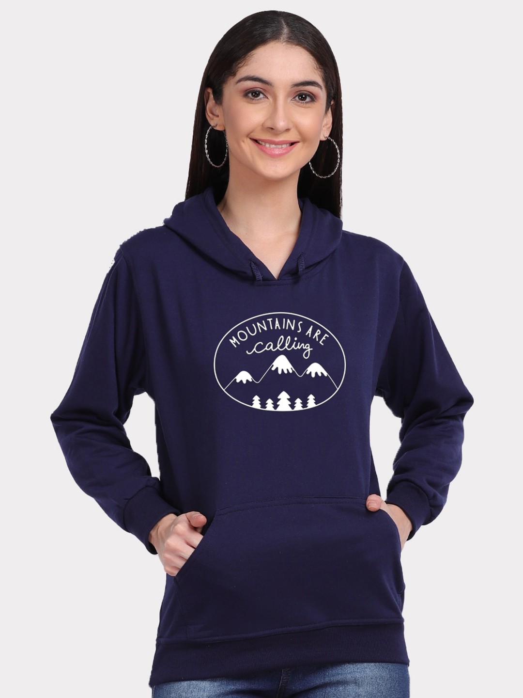 

Mad Over Print Women Blue Mountains Are Calling Typography Print Hooded Sweatshirt