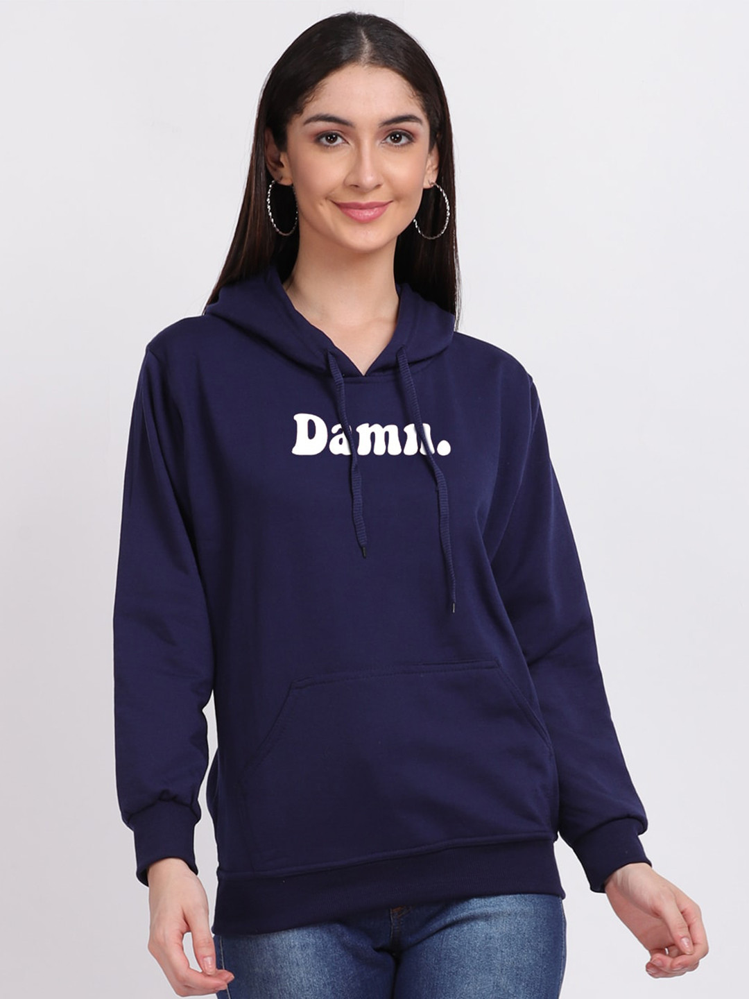 

Mad Over Print Women Blue Damn Typography Print Hooded Sweatshirt