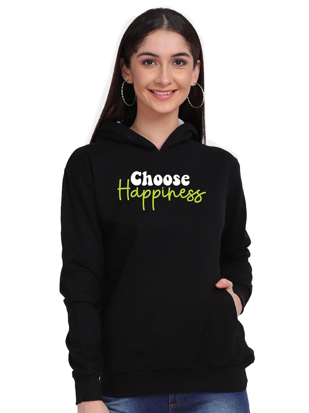 

Mad Over Print Women Black Choose Happiness Typography Print Hooded Sweatshirt