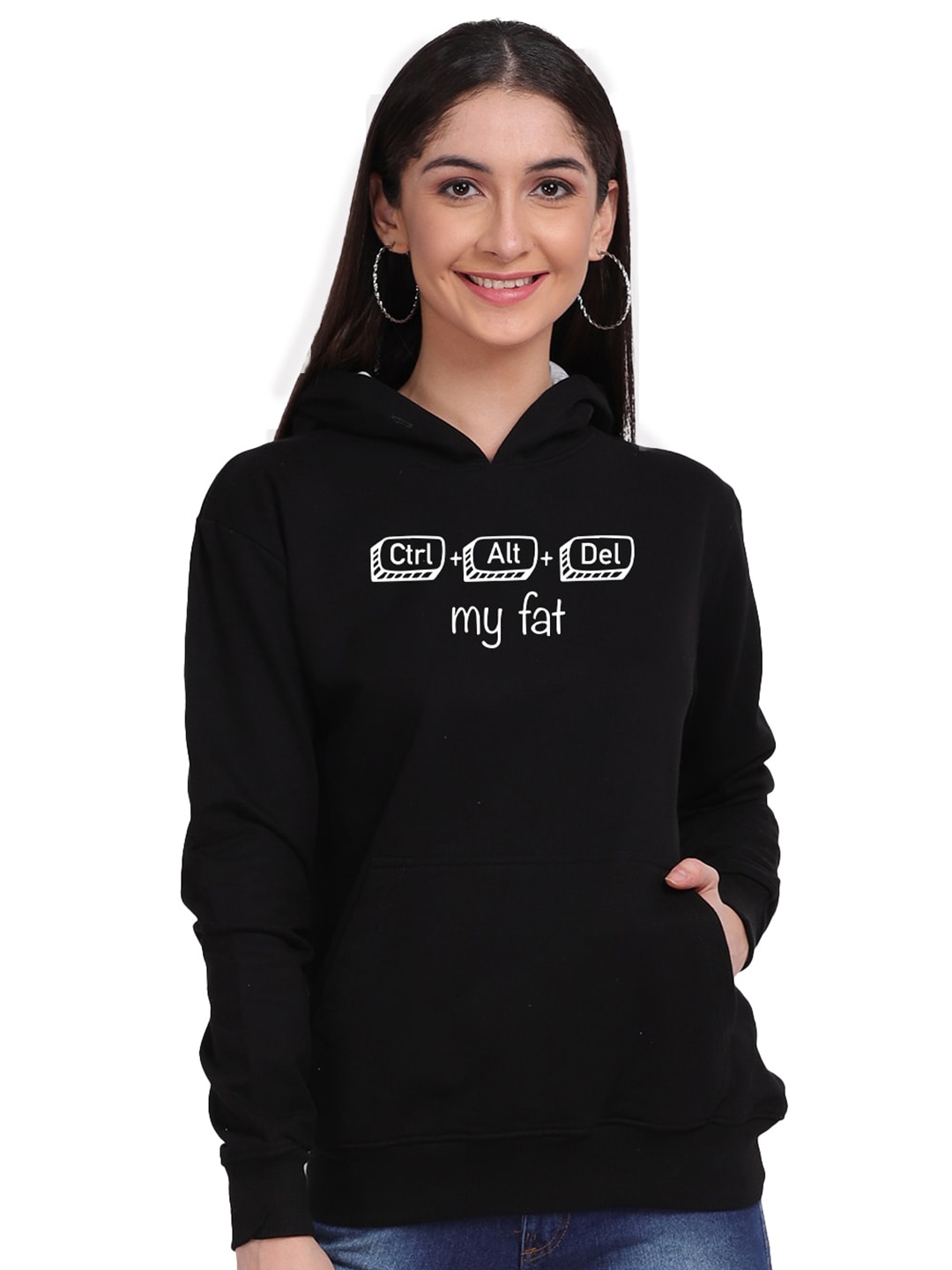 

Mad Over Print Women Black Delete My Fat Typography Print Hooded Sweatshirt