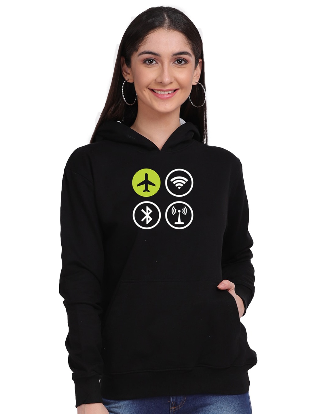 

Mad Over Print Women Black Airplane Mode Printed Hooded Sweatshirt