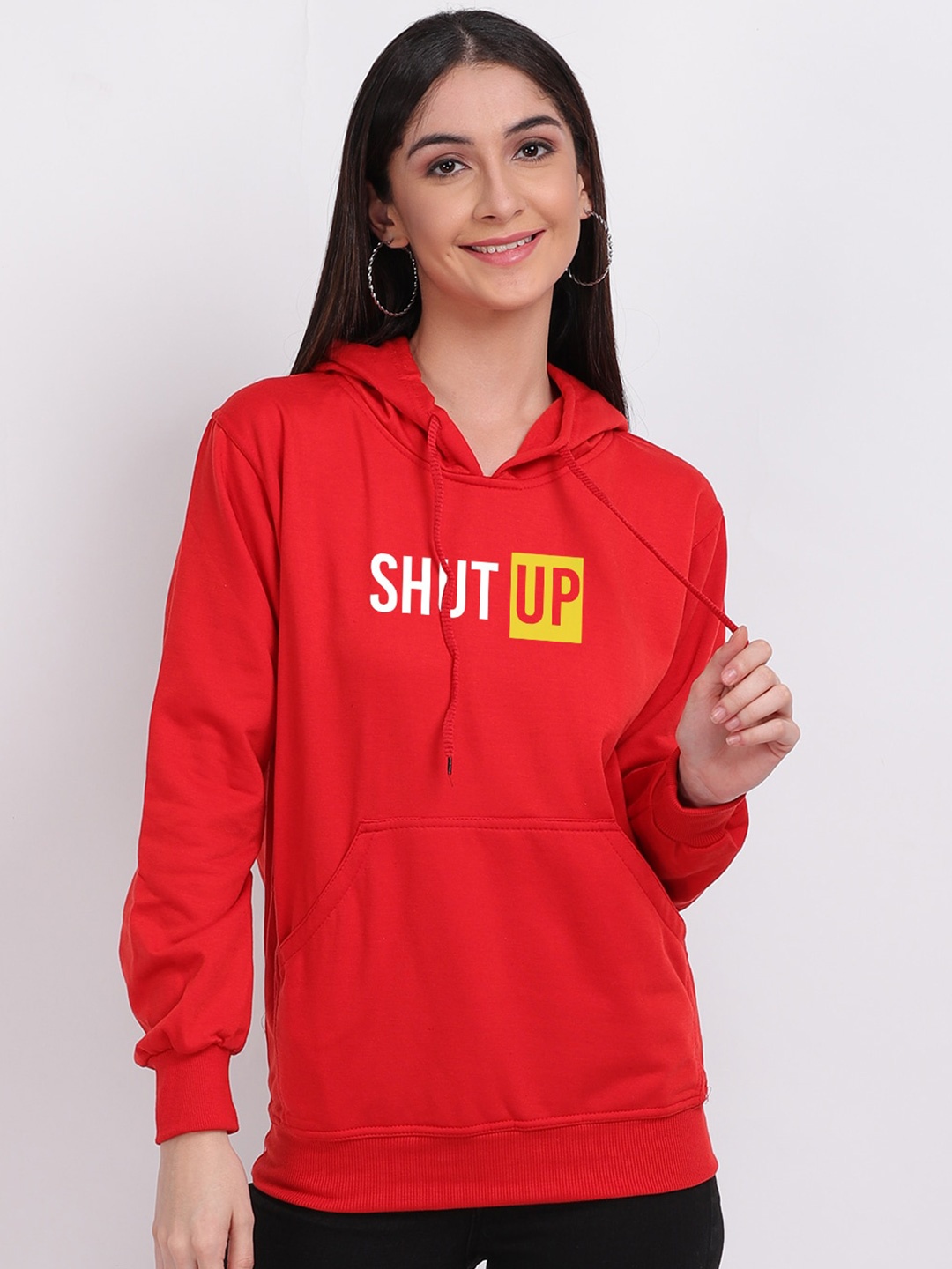 

Mad Over Print Women Red Shut Up Printed Hooded Sweatshirt