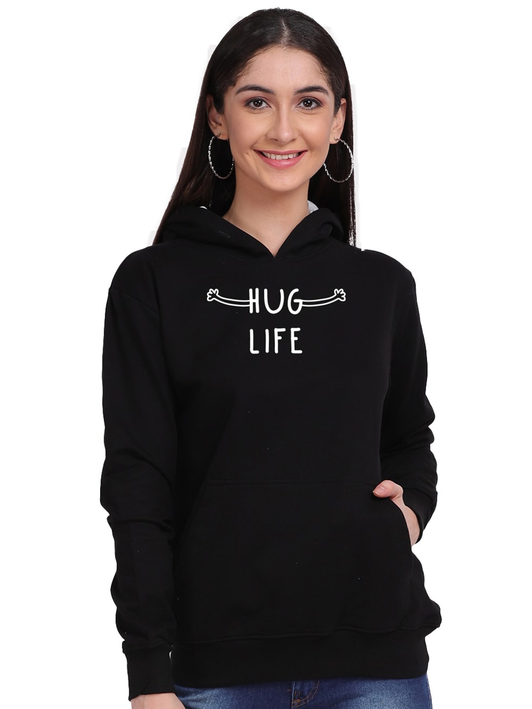 

Mad Over Print Women Black Hug Life Printed Hooded Sweatshirt