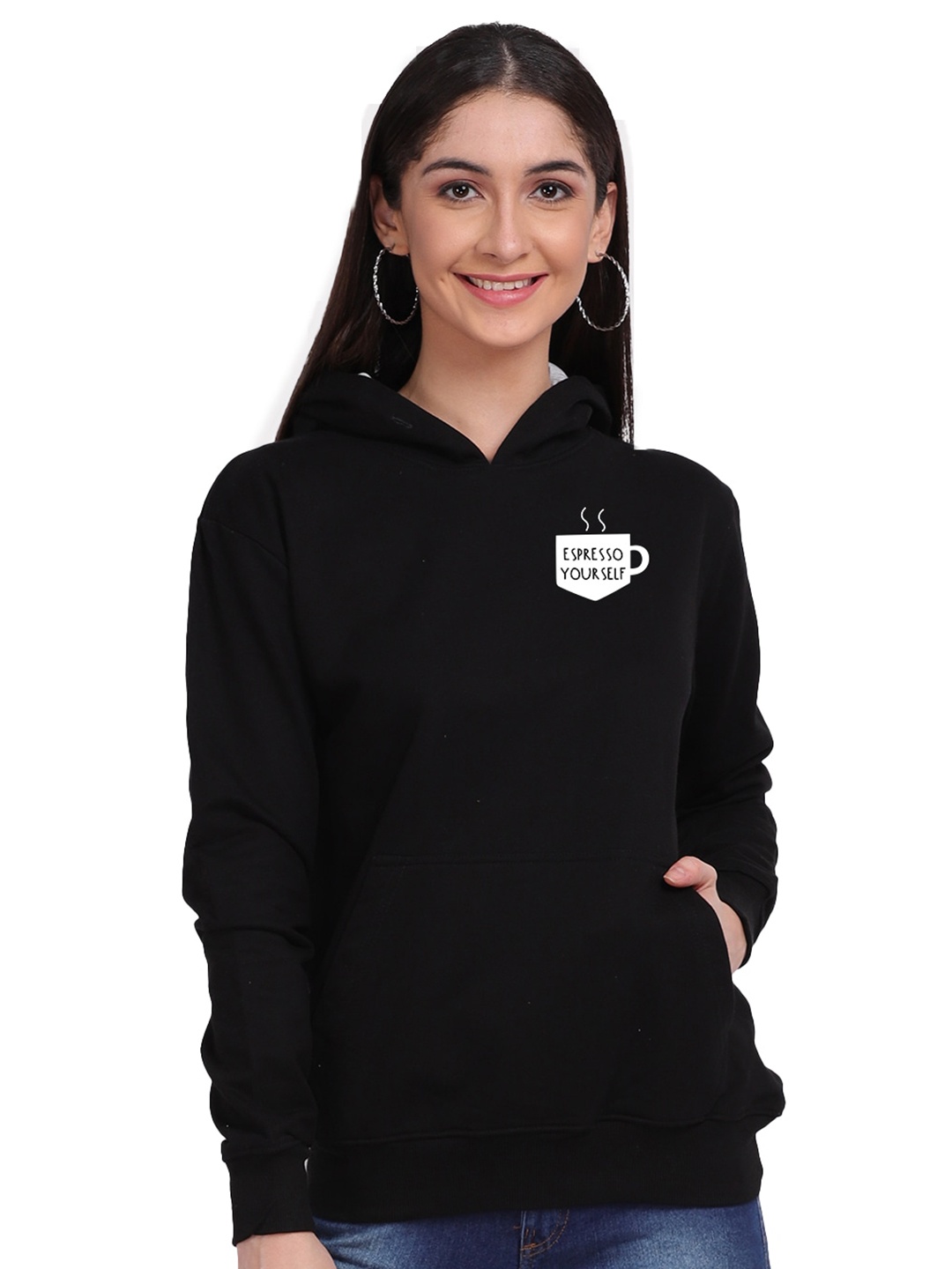 

Mad Over Print Women Black Espresso Yourself Placement Print Hooded Sweatshirt