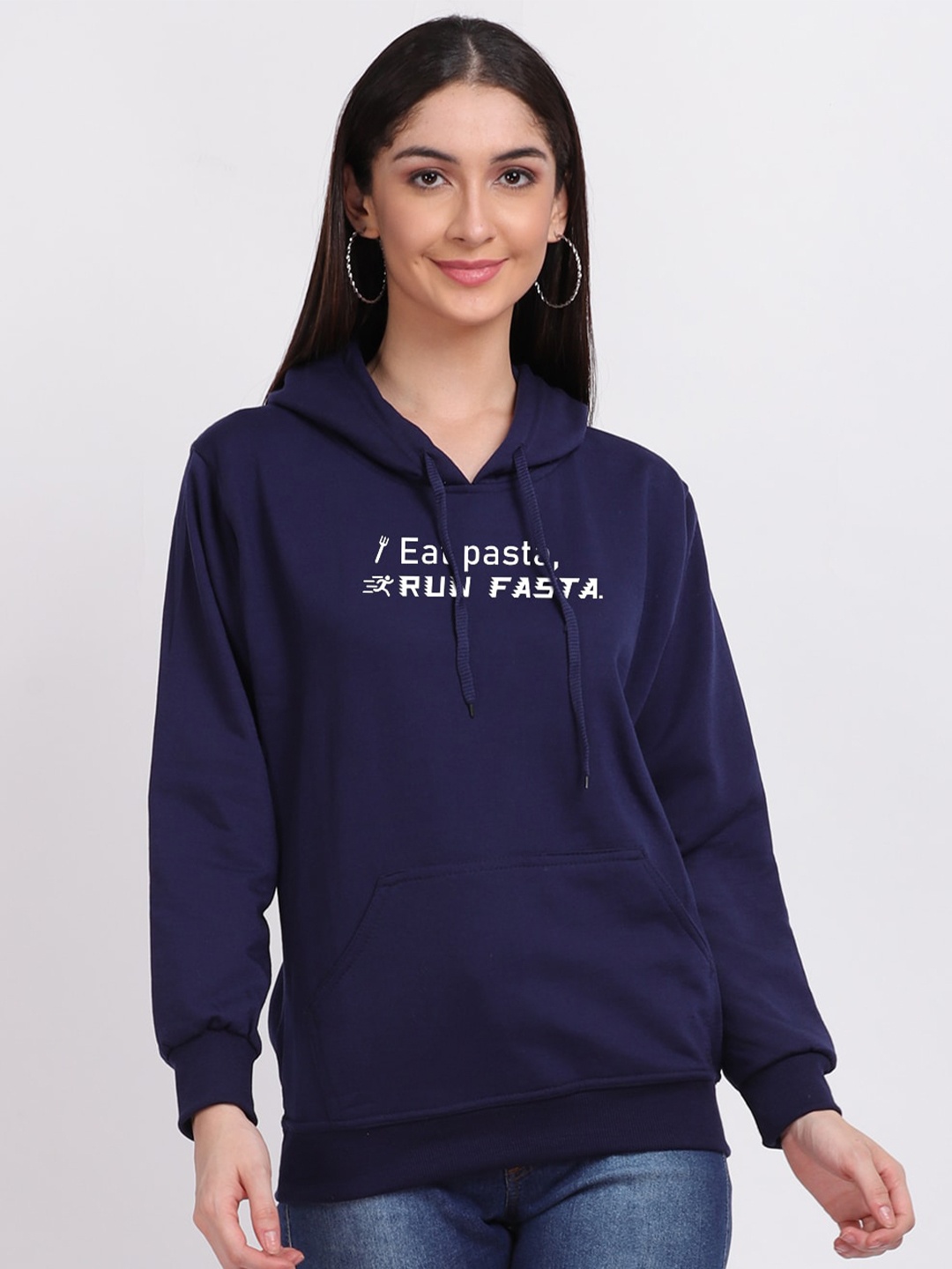 

Mad Over Print Women Blue Eat Pasta Run Fasta Typography Print Hooded Sweatshirt