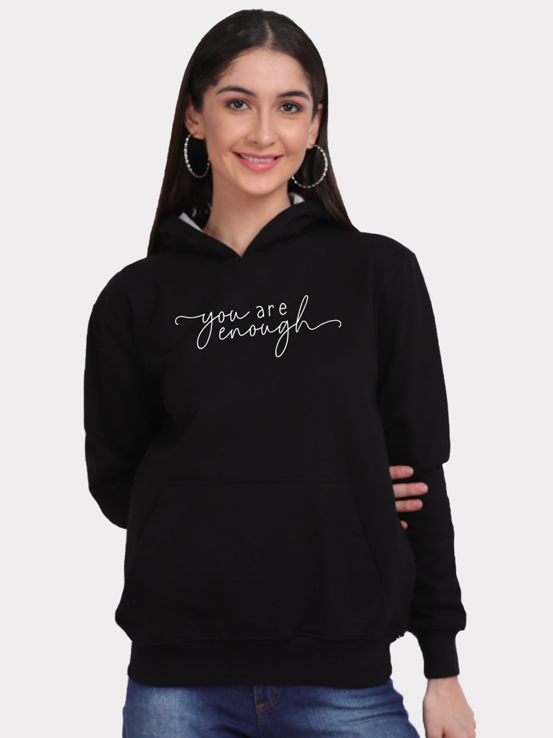 

Mad Over Print Women Black You Are Enough Typography Print Hooded Sweatshirt