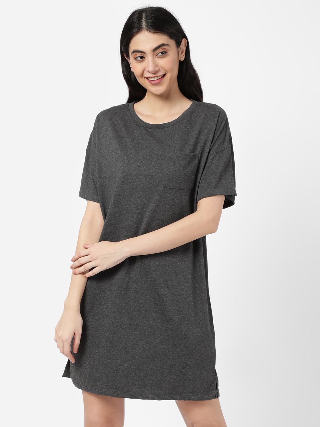 

R&B Grey Solid Pure Cotton T-Shirt Nightdress