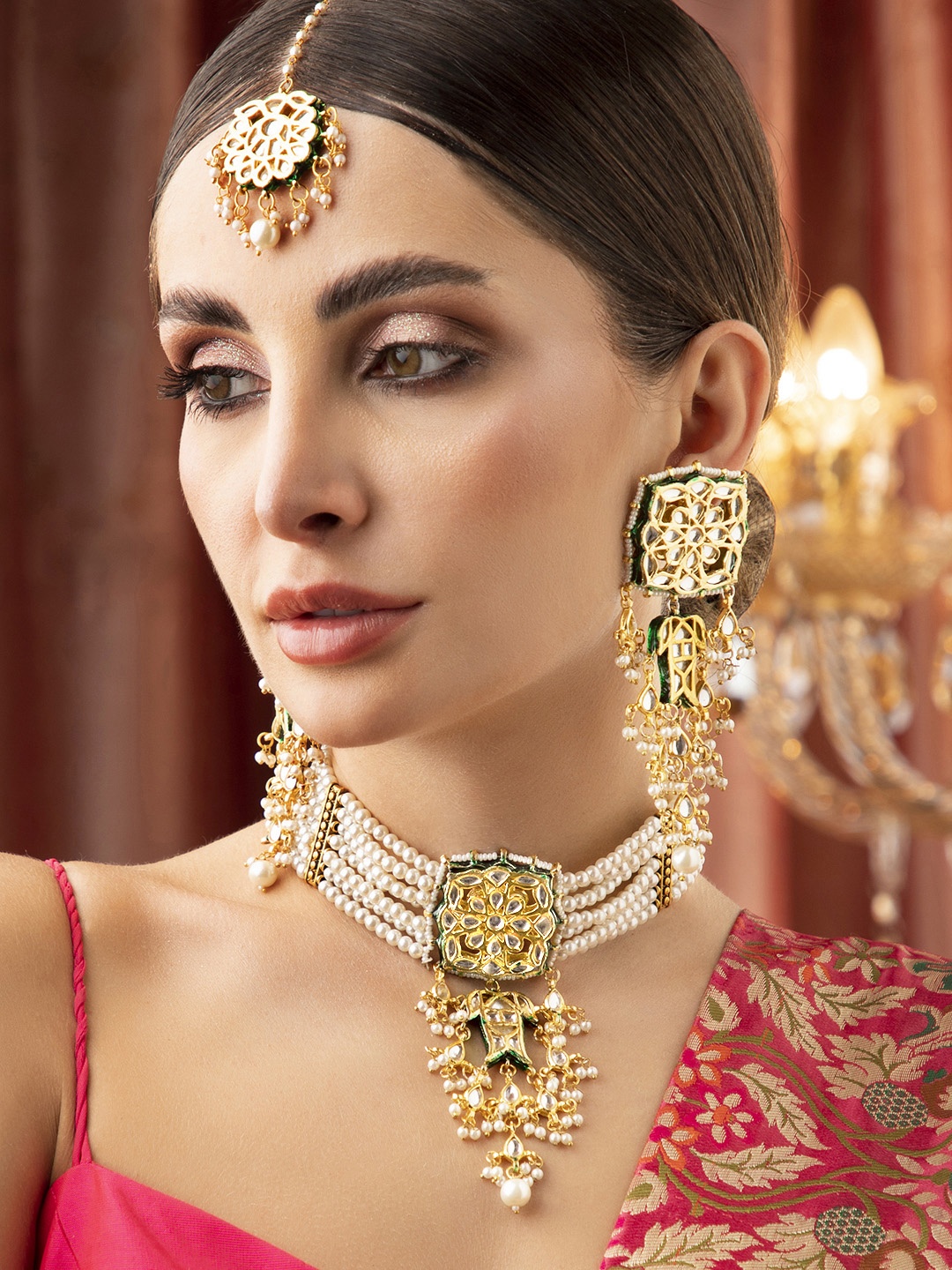 

Rubans Gold-Plated Kundan White Beads Choker Set with Earrings
