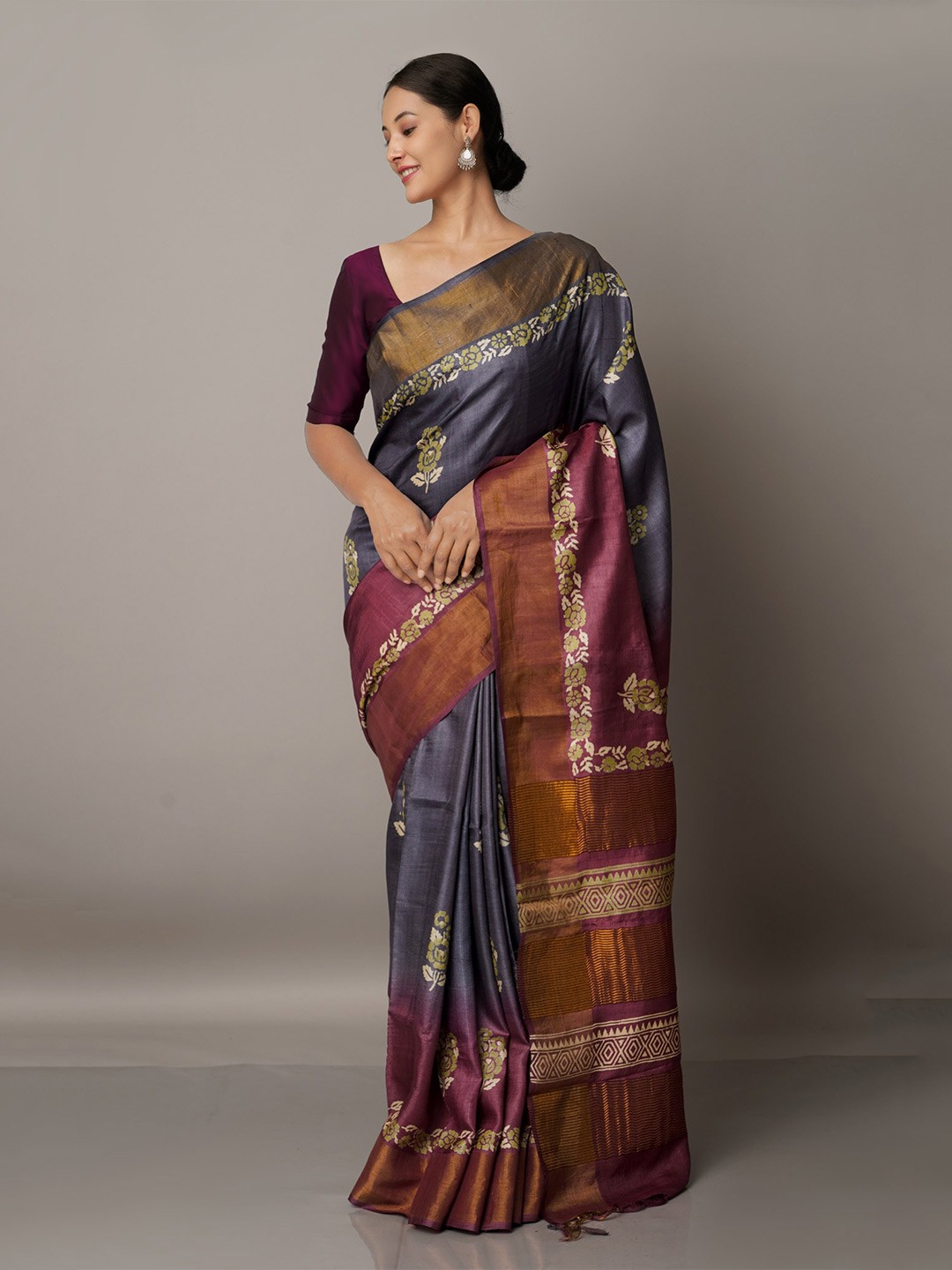 

Unnati Silks Grey Pure Handloom Bengal Tussar Silk Saree