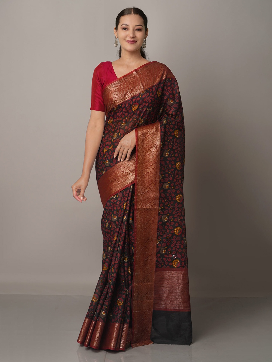 

Unnati Silks Black Pure Handloom Bengal Tussar Silk Saree