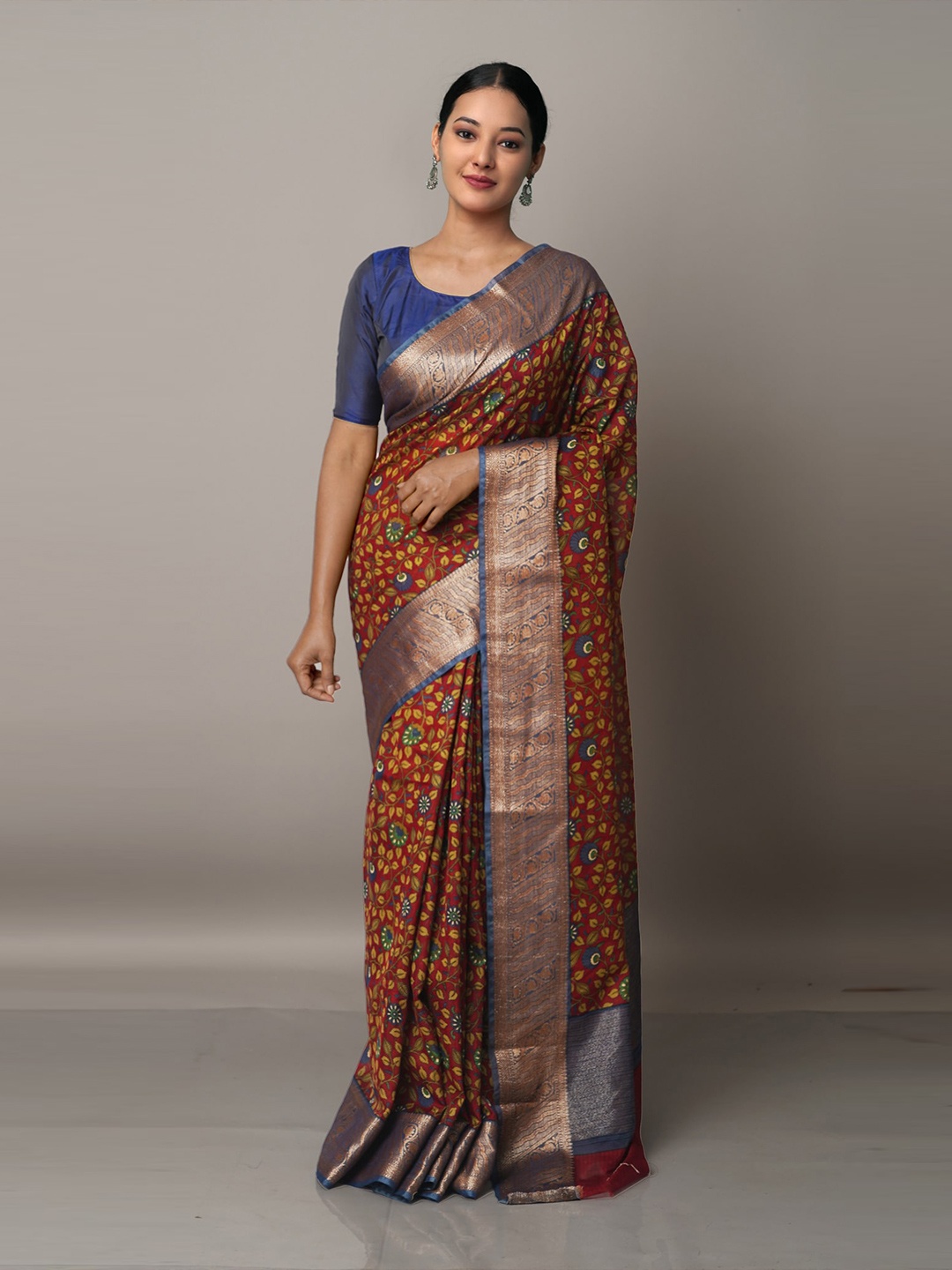 

Unnati Silks Maroon Block Printed Maheshwari Sico Saree