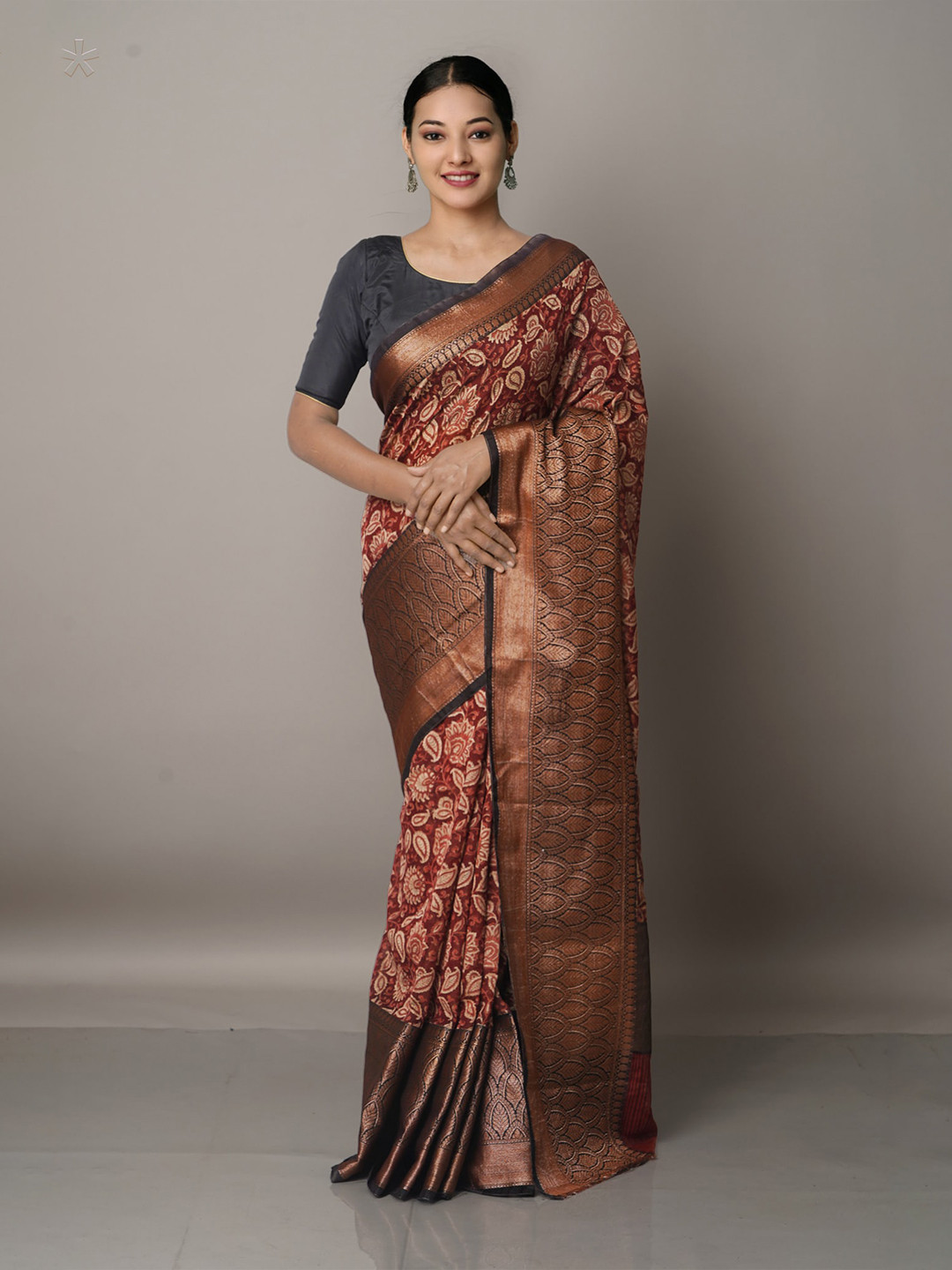 

Unnati Silks Burgundy Block Printed M,aheshwari Sico Saree