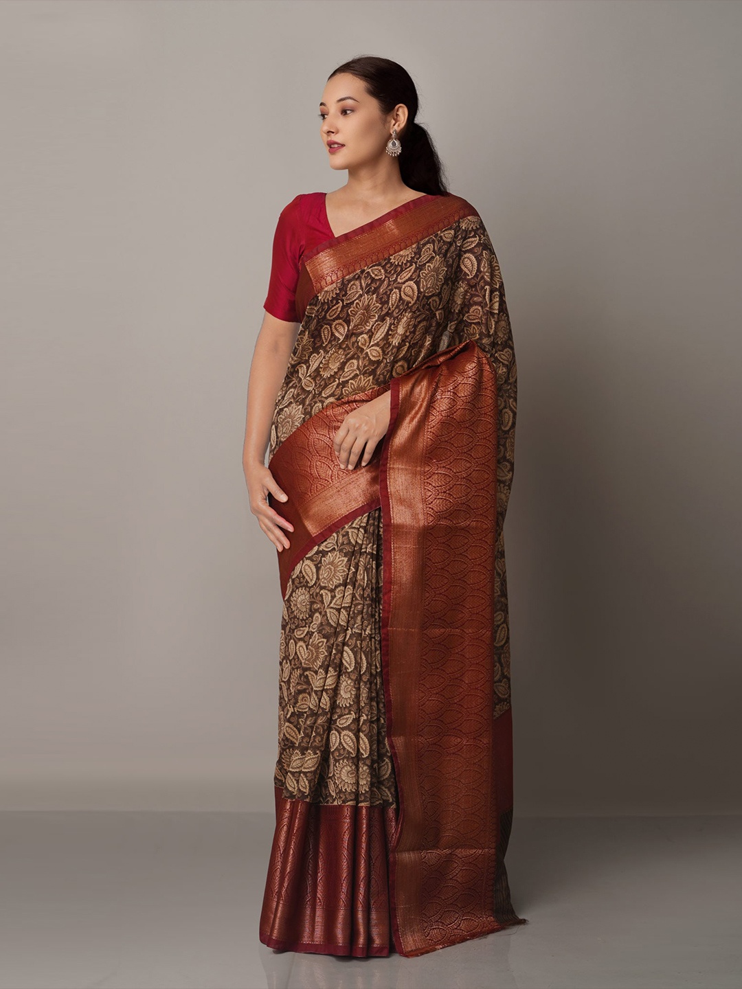 

Unnati Silks Brown Block Printed Maheshwari Sico Saree