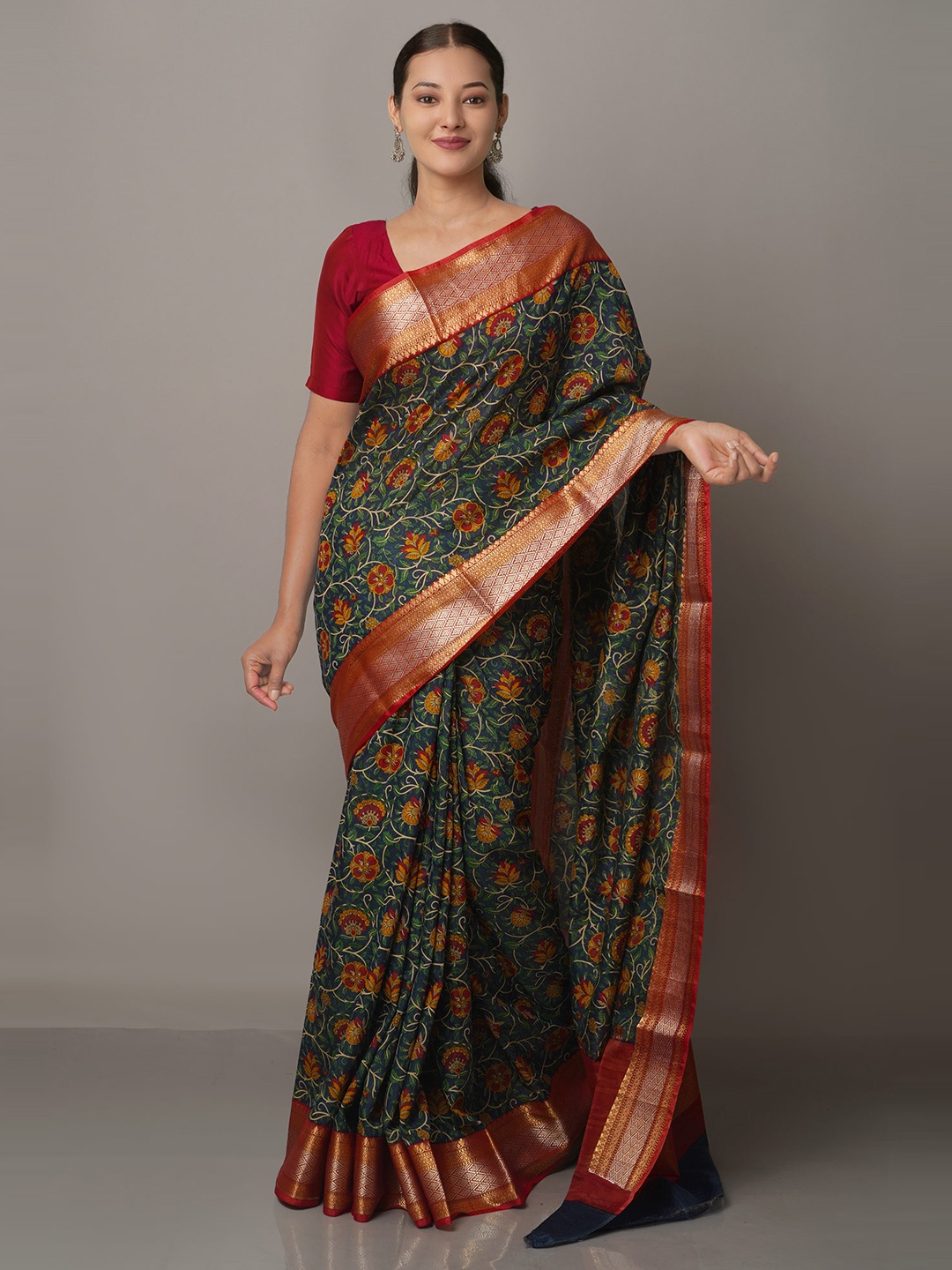 

Unnati Silks Navy Blue Block Printed Maheshwari Sico Saree