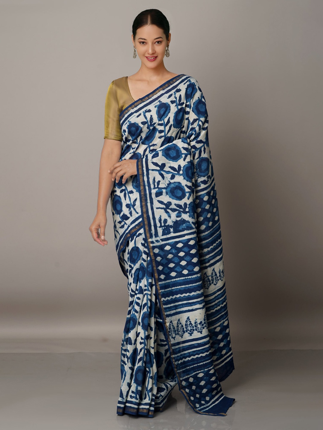 

Unnati Silks Blue & White Dabu Zari Silk Cotton Chanderi Saree