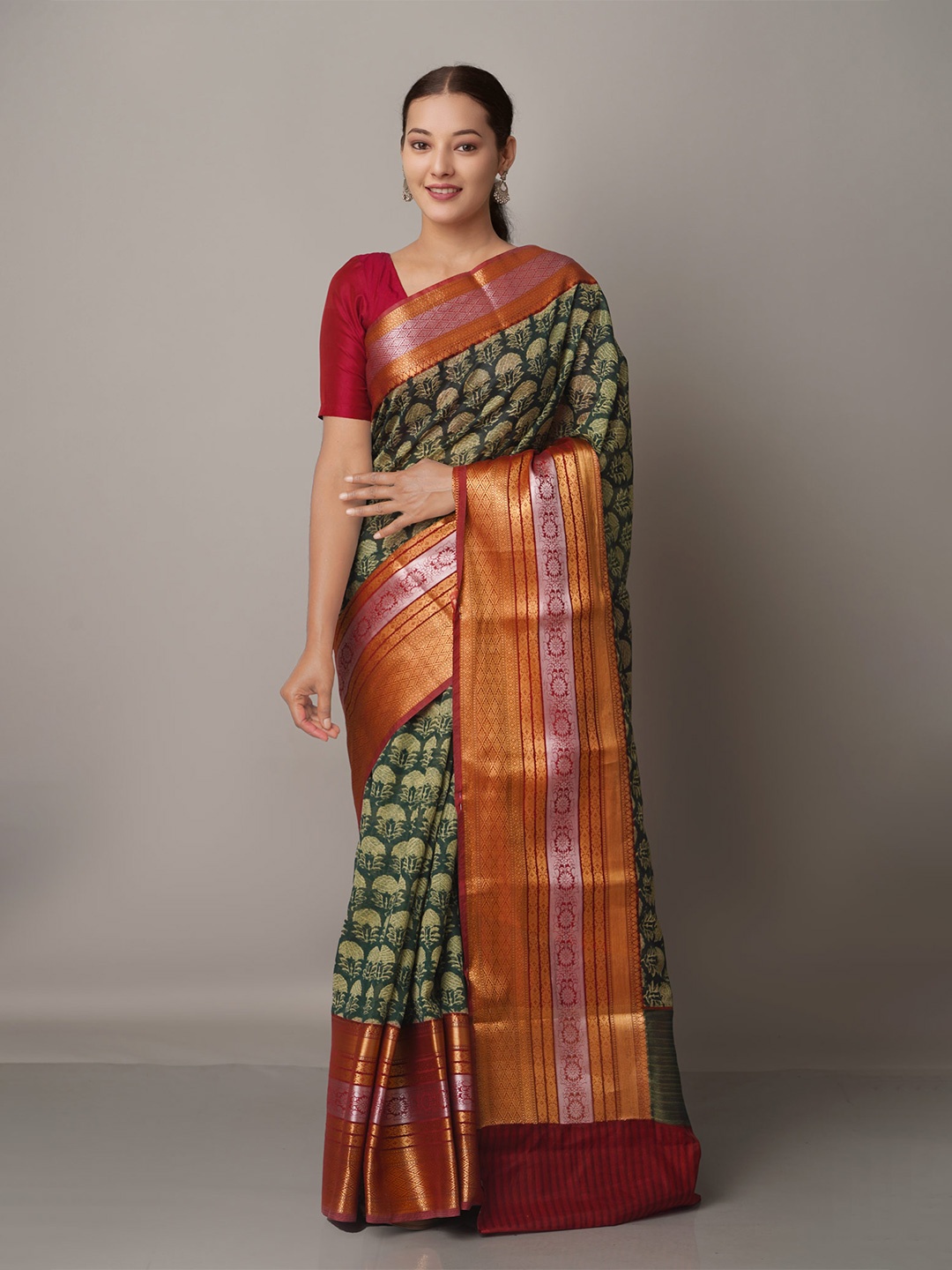 

Unnati Silks Green Block Printed Maheshwari Sico Saree